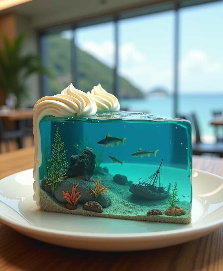 Create an image of a slice of cake made out of water, with fish, sharks, and underwater plants inside. A sunken wreck is embedded within the cake, adding mystery. The top of the cake has smooth, gentle waves resembling the ocean's surface. The slice is placed in a modern restaurant with a view of the sea, blending the natural and surreal elements seamlessly in the scene. 
