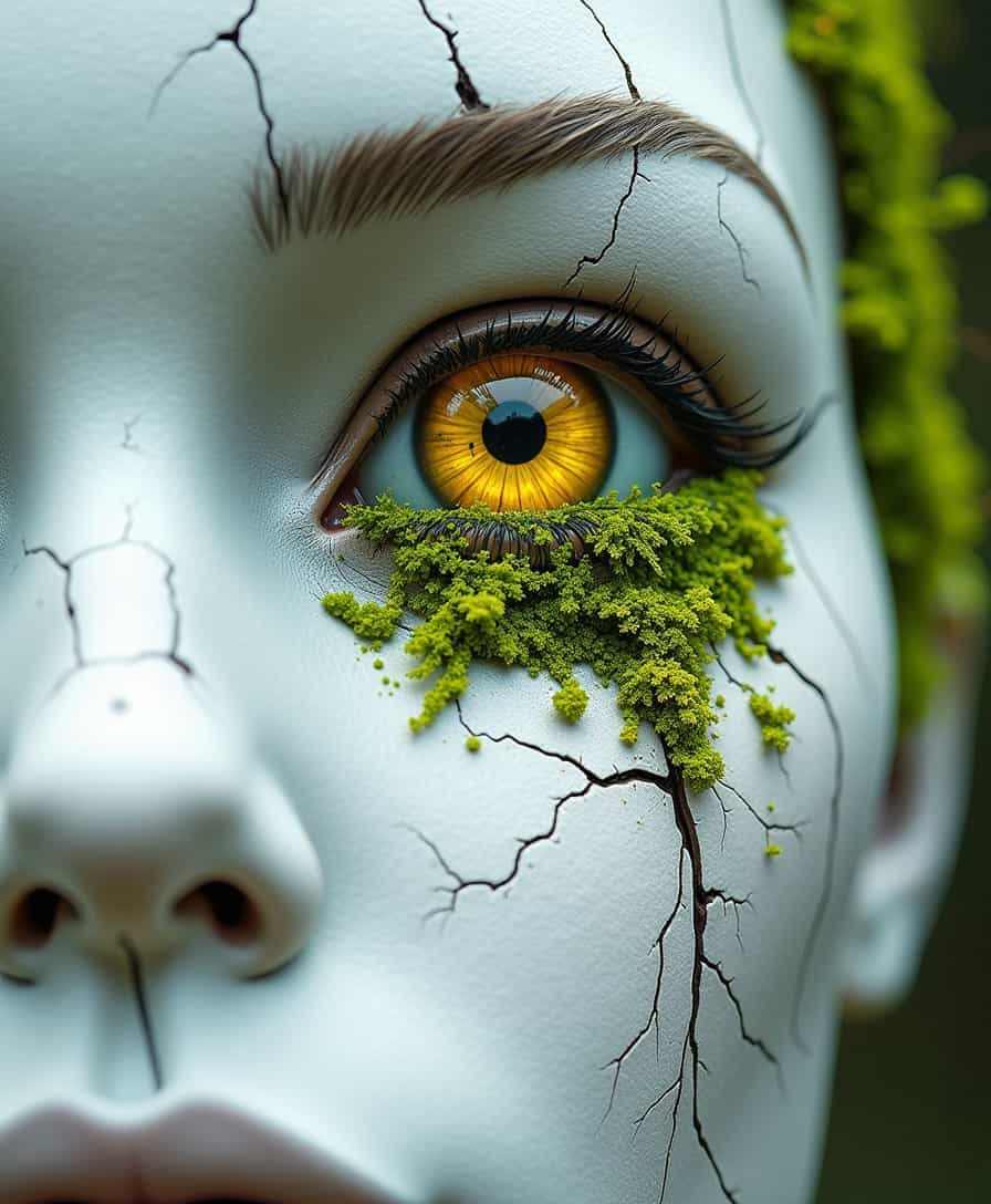 A close-up of a white android face, featuring paint that is cracking and peeling in patches. Delicate fissures crisscross the surface, adding a sense of age and wear. The eye is a vivid yellow, resembling a camera lens, with intricate details that draw the viewer in. Surrounding the eye, vibrant green moss clings to the skin, creating a striking contrast between the mechanical and the organic. The overall composition evokes a haunting beauty, blending elements of technology and nature.
