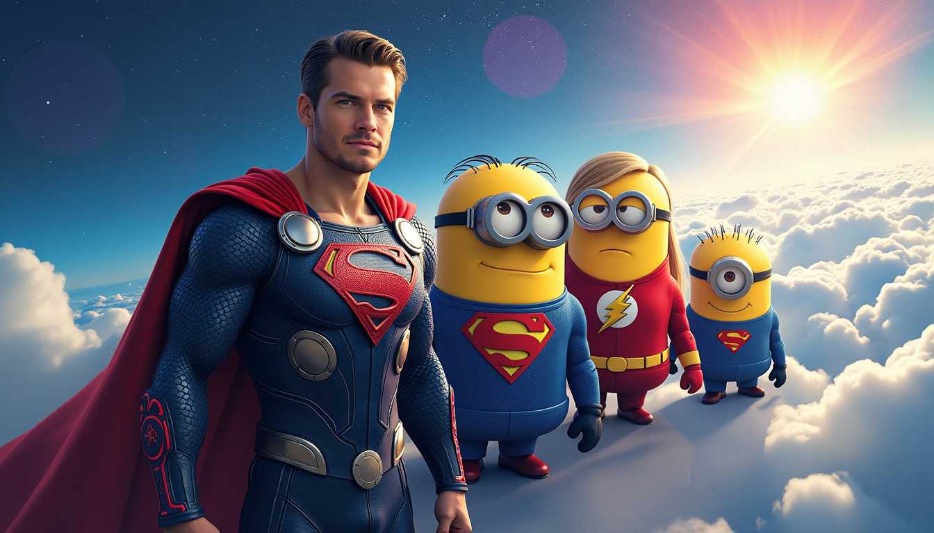concept art Stewart with Thor Hammer and costume, Kevin with Superman costume, Dave with flash superhero suits, from illumination Minions movie, wearing superhero suits, slight smile, dynamic. Above a blue white clouds, blue water planet, sun. Colorful Galaxy of stars in background, reflections.
 digital artwork, illustrative, painterly, matte painting, highly detailed
