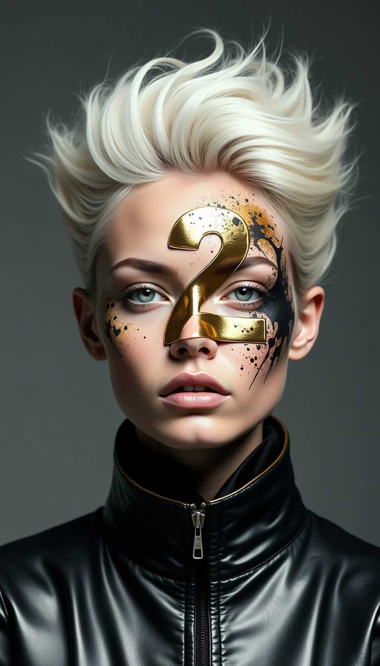 By Tom Nulens. A digitally manipulated photograph of a young woman with a striking, avant-garde style. The woman has platinum blonde hair styled into a voluminous, spiky updo with various splashes of black paint and gold splatters, creating a dramatic, almost abstract effect. Her face is partially obscured by the large, bold number "2" in a metallic gold color, which is overlaid on her forehead and hair, giving a futuristic and modern appearance. 
She is dressed in a dark, metallic leather jacket with a high collar, adding to the edgy, futuristic aesthetic. The background is a gradient of dark gray tones, which helps to emphasize the gold splatters and the subject's face. The overall style is modern and artistic, blending elements of high fashion and digital manipulation. The texture of the woman's hair is smooth and glossy, contrasting with the rough, splattered paint. 
The image is highly stylized, with a focus on bold, contrasting colors and textures, creating a visually striking and dynamic composition. The overall mood is modern and edgy, with a strong emphasis on fashion and artistic expression. 