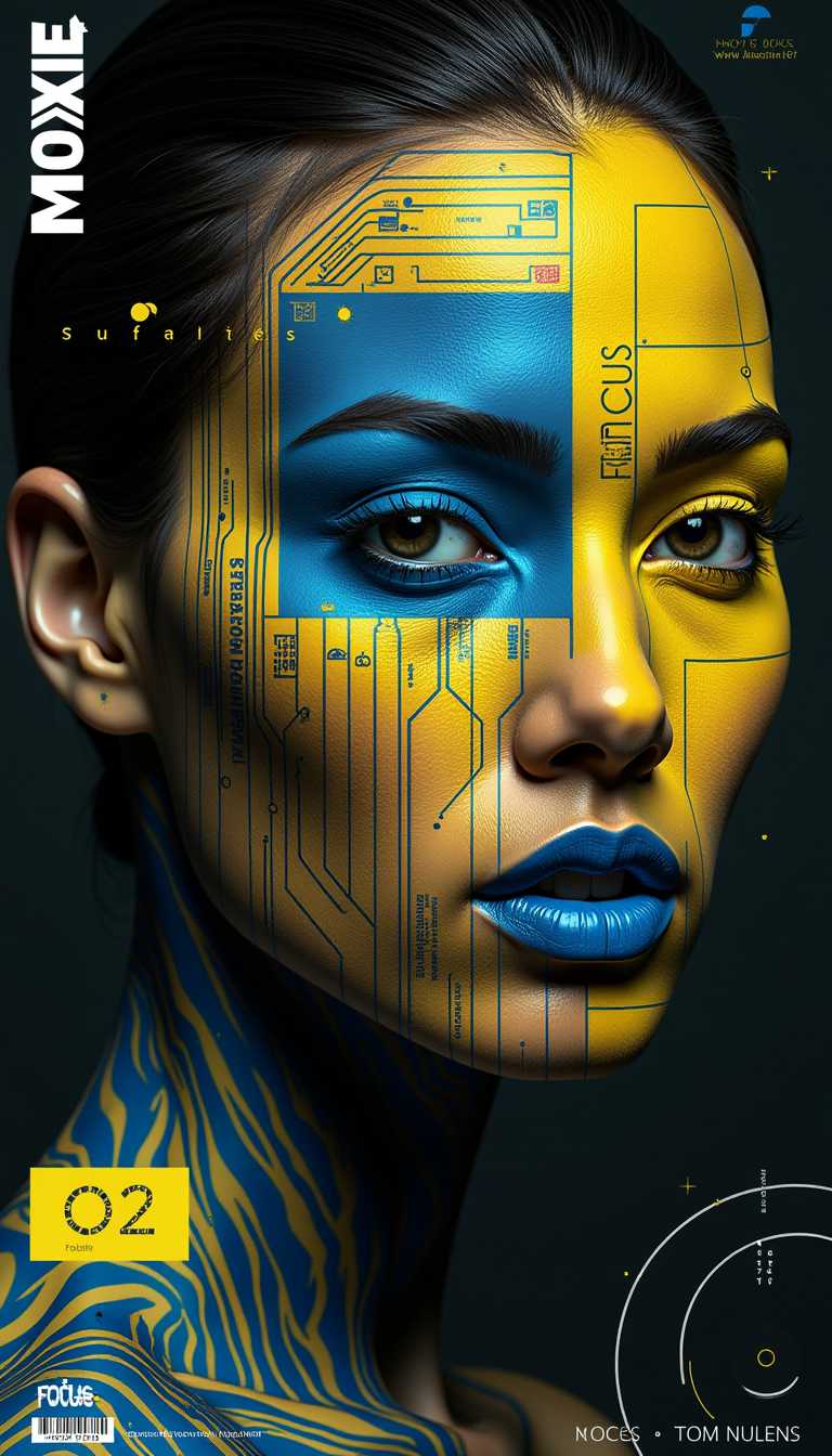 By Tom Nulens. This is a digitally created, high-resolution image of a striking, futuristic portrait. The subject is a woman with a dark complexion and slicked-back black hair. Her face is adorned with a complex, abstract pattern in bright yellow and blue tones, resembling a futuristic, cybernetic design. The face is a collage of geometric shapes, lines, and circuitry patterns, with a prominent blue square covering her left eye and a yellow square covering her right eye.
The woman's lips are painted a vivid blue, complementing her blue eye. Her expression is intense, with a direct gaze that seems to pierce through the image. The background is a deep black, making the vibrant colors of the face and the surrounding elements stand out sharply.
Text and labels are superimposed over the image. At the top left, there is a stylized, white, graffiti-like text that reads "Moxie." Below this, in a yellow box, is the number "02," followed by "Focus" in bold white letters. Additional text in white and blue includes details like "Moxie's" name, a barcode, and the word "COSMOS" in a circular design at the bottom left. The overall style is highly stylized, blending elements of digital art 