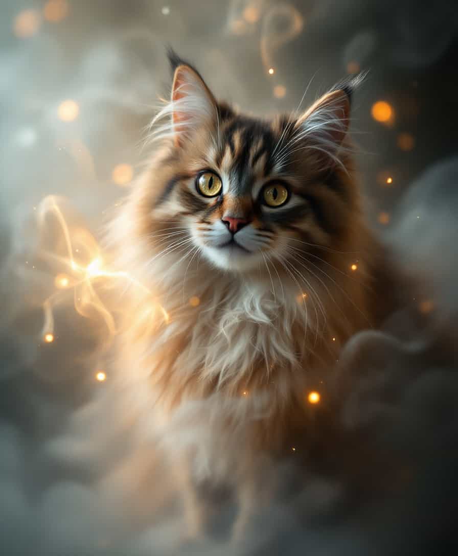 A captivating portrait of a long-haired cute cat gazing directly at the viewer, its eyes deep and soulful. Surrounding the cat is a dreamlike scene of swirling smoke, mist, and vapor, creating a mystical and ethereal atmosphere. Wisps of fog and translucent veils flow delicately, interwoven with soft, radiant light beams and subtle glimmers of luminosity. The interplay of shadows and reflections adds depth, while the cat's fur glows faintly, blending harmoniously with the vaporous, surreal backdrop. The setting is otherworldly and abstract, with chimerical, phantasmagoric elements evoking a sense of infinite wonder. Soft textures, diffused light, and an enigmatic aura imbue the scene with a poetic, timeless beauty,   By Tom Nulens