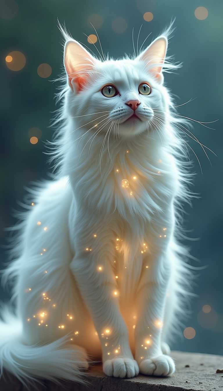A mesmerizing portrait of a transparent, long-haired cat, its delicate form rendered with translucent and ethereal detail. The catâs silhouette appears diaphanous, glowing with a soft, luminescent aura that evokes a sense of otherworldly grace. Layers of shimmering gossamer textures create an impressionistic interplay of light and shadow, enhancing the catâs radiant, vaporous presence. The background is dreamlike and abstract, with subtle gradients of color and depth blending harmoniously into the composition. Whispery contours and soft reflections give the scene a surreal and poetic quality, with a chimerical, intangible beauty that feels both fragile and boundless. The overall atmosphere is serene, enchanted, and infused with mystical elegance, capturing the infinite and transcendent essence of a transparent feline in exquisite, harmonious detail,   By Tom Nulens