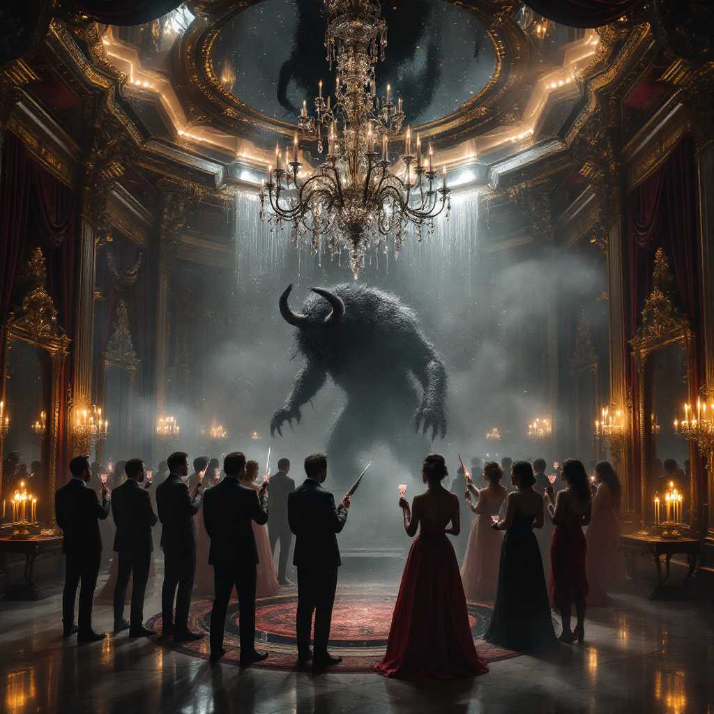 In the grand ballroom of a baroque mansion, **mirrors cover the ceiling**, reflecting the opulent scene below where **pink champagne** sits elegantly on ice in crystal flutes. The atmosphere is thick with the scent of decadence and the soft glow of **candlelight** illuminates the room, casting a warm, yet eerie light on the attendees.   A group of men and women in formal attire stand around a pit in the floor, holding knives in their hands. A great beast, a monster with horns, rises from the pit.

**Visual Details:** The walls are adorned with rich, velvet drapes in deep reds and golds, with ornate gold leaf frames surrounding the mirrors. The floor is a polished marble, its reflective surface adding to the surreal, mirrored effect. A chandelier, dripping with crystals, hangs low, its light refracting into a thousand points of light.

**Style:** This scene is reminiscent of a **Rococo** painting, with its lavish, over-the-top decor, yet there's a subtle hint of **Surrealism** in the way the mirrors distort reality, creating an atmosphere of both luxury and unease.

**Composition:** The camera is positioned at a slight low angle, capturing the grandeur of the room but also emphasizing the height of the ceiling, where the mirrors and chandelier dominate. In the foreground, a long banquet table stretches, laden with exotic fruits, silverware, and the untouched feast, where **attendees** in period attire are gathered, their faces a mix of anticipation and ennui.

**Mood and Atmosphere:** The mood is one of **decadent melancholy**, a feast in full swing yet with an underlying tension. The atmosphere is charged with the electric feeling of a **storm brewing**, the air heavy with the unspoken realization that they are all "prisoners here of their own device."

**Technical Aspects:** Use a **soft focus** to blur the edges of the scene, enhancing the dream-like quality. Employ **chiaroscuro** lighting to create dramatic contrasts between light and dark, highlighting the emotional turmoil of the feast. 

**Cohesion:** The mirrored ceiling reflects the gathering below, symbolizing the cyclical nature of their predicament, where they gather to 'feast' on their own illusions, unable to escape their own creation.
