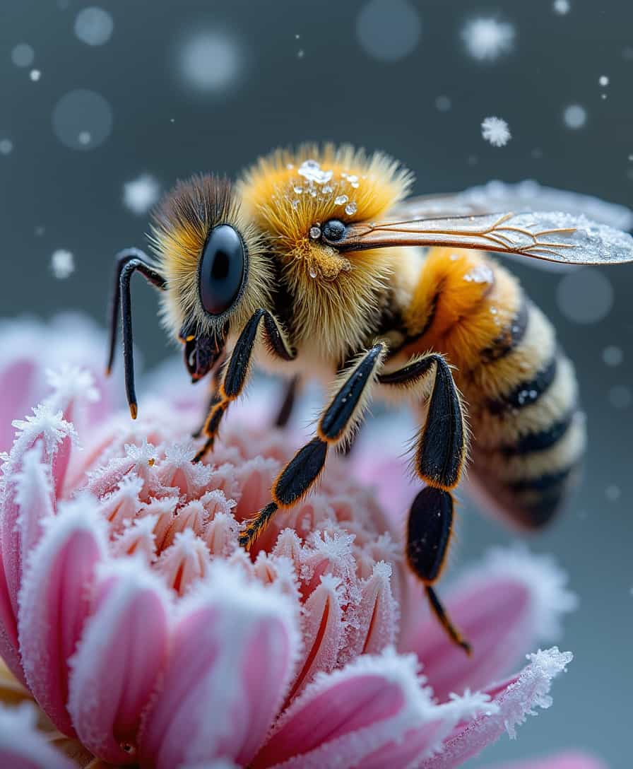 A dramatic macro photograph of a bee perched on a frosty flower during a snowfall. The bee’s fuzzy body is coated with delicate snowflakes and shimmering ice crystals, displaying unique patterns against its golden and black stripes. Its wings are partially frozen, catching the diffused, cool light and creating faint reflections. The fine hairs and segmented legs gripping the icy flower are sharply defined. Snowflakes tumble gently through the air, while a few settle on the petals and the bee, enhancing the wintry atmosphere. The flower, encased in frost, reveals vibrant hints of color beneath the icy coating. The soft background is blurred, with muted whites and pale blues evoking a serene, snowy setting. The lighting is diffused and cold, enhancing the frosty textures, and casting gentle highlights on the snowflakes and ice. 