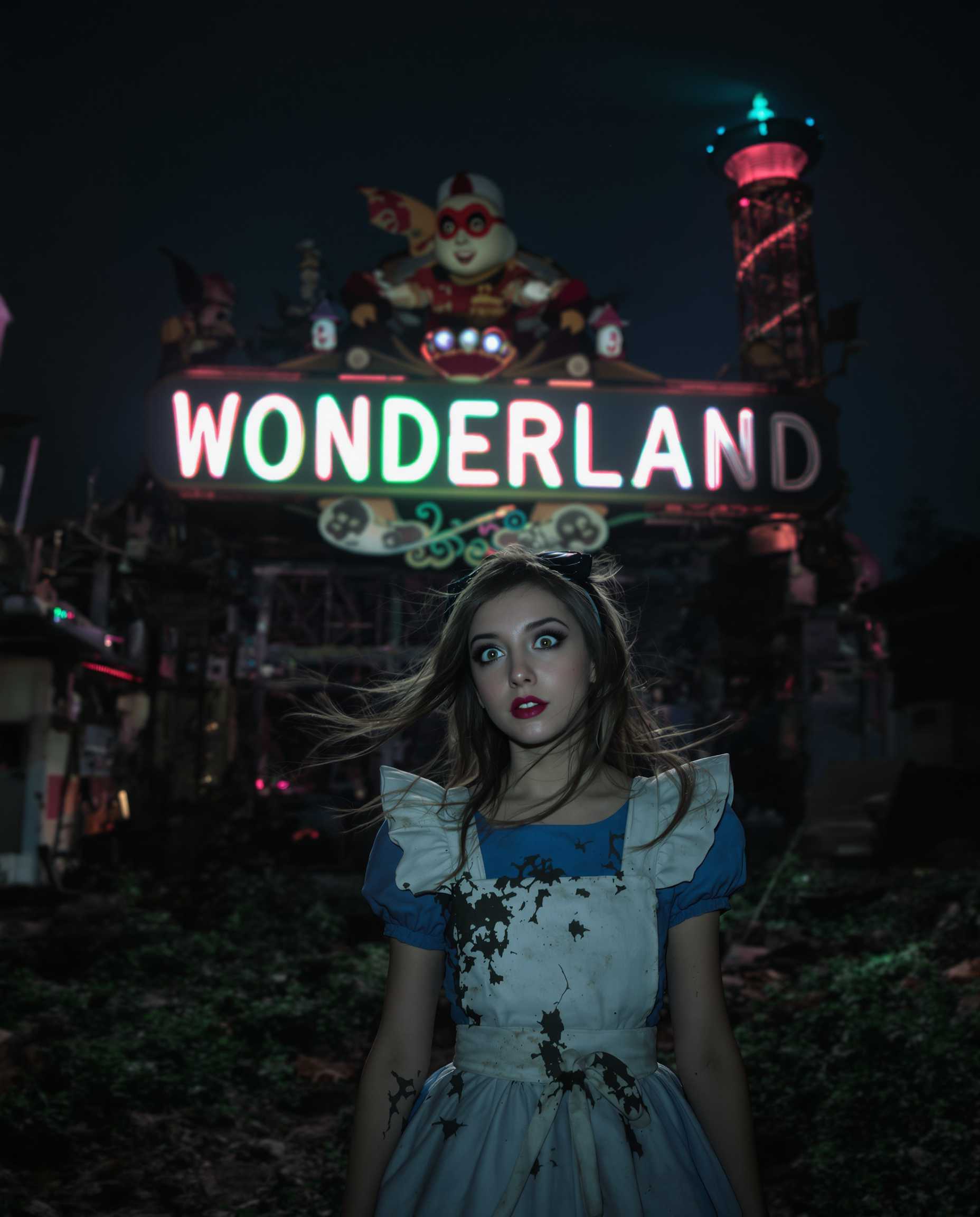 A hyper-realistic photo of an 18-year-old woman, dressed as Alice from 'Alice in Wonderland,' standing in a defunct and derelict amusement park. The scene is bathed in an unsettling, dim light as the dilapidated structures loom ominously around her. Behind her, a flickering neon sign that reads 'WONDERLAND' casts an eerie glow, its once-vibrant colors now faded and partially broken. The sign sputters intermittently, adding to the sense of decay. The park itself is overgrown, with rusted rides and broken-down attractions scattered throughout the scene. The air is thick with a sense of abandonment, with forgotten remnants of what was once a joyful place now tainted by neglect. The woman, with wide, curious eyes and an expression caught somewhere between wonder and fear, stands in stark contrast to the grim surroundings. Her hair is slightly windswept, and her once-pristine costume is now dirtied and worn, symbolizing the distorted version of the Wonderland fantasy. The scene is dark and atmospheric, with the interplay of light and shadow emphasizing the desolation of the amusement park. The surroundings are blurred in an almost dreamlike way, creating a sense of unease and surrealism. The color palette is muted, with pale blues, grays, and faint neon greens dominating the frame, amplifying the disturbing, haunting quality of the scene. This photograph exudes an eerie and unsettling beauty, invoking a sense of tension and mystery, as the juxtaposition of the innocent Alice figure within the decayed, nightmarish Wonderland creates an overwhelming feeling of dread. 
