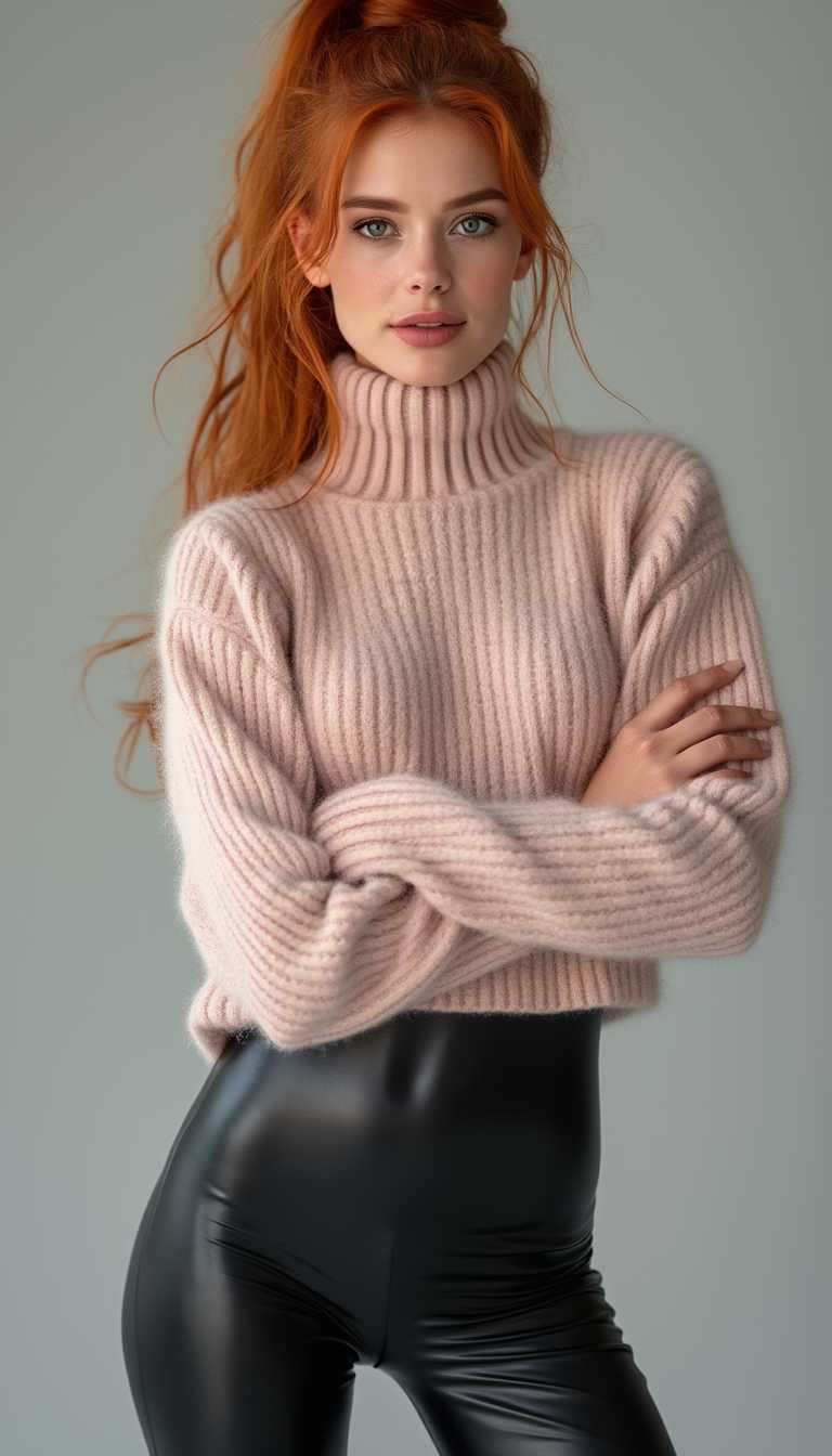 Swedish slim supermodel, stunning beauty model, big beautiful eyes, red hair in a high ponytail, light pink sweater, black latex leggings, long sleeves, turtleneck, stunning body, long legs, slim waist, happy, stunning studio photography, no contrast, vogue photography 