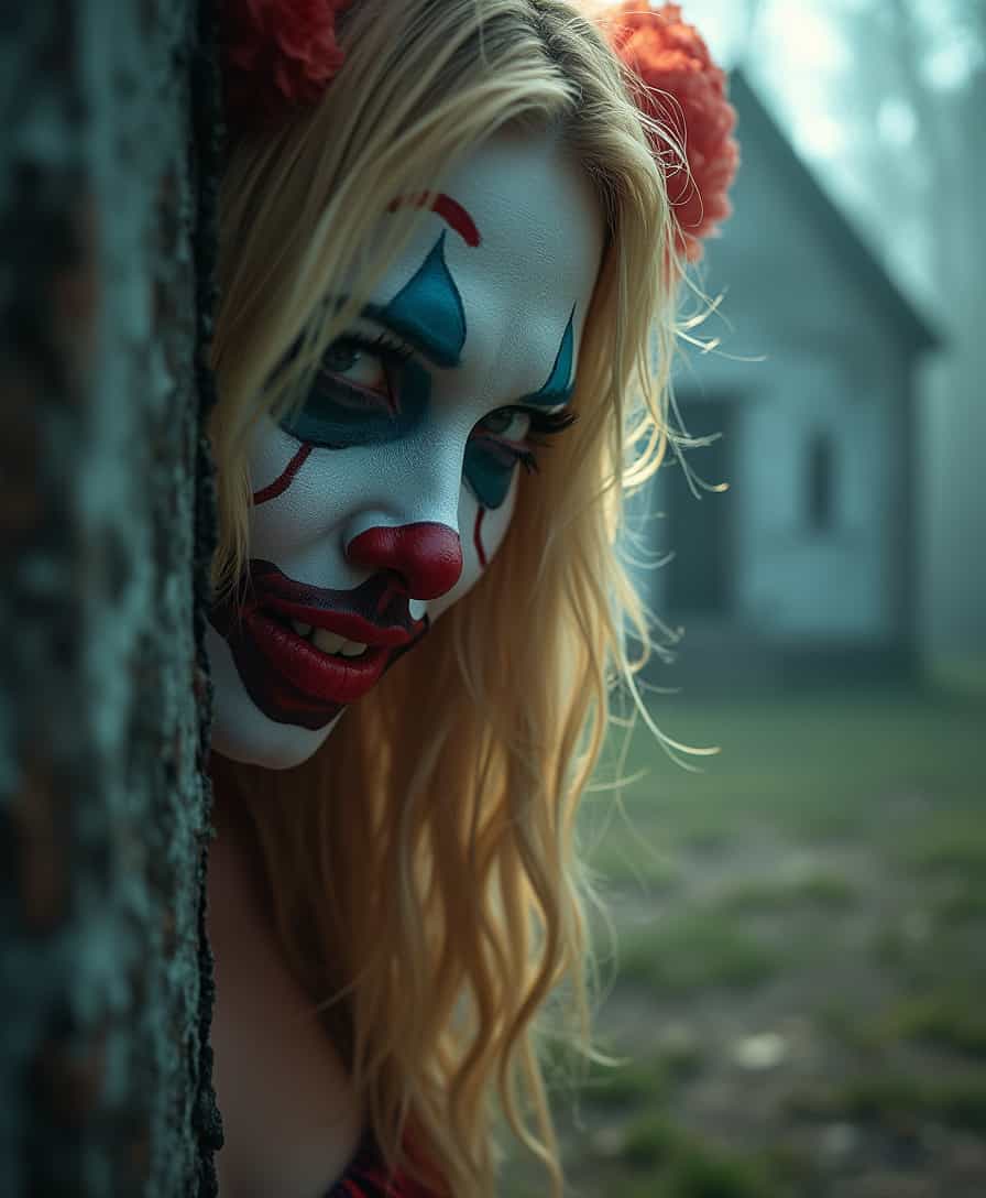 close up of a beautiful sexy blonde looking around the corner of a an old church, make up like a scary clown, foggy creepy scene, bright sun on her face, evil clown