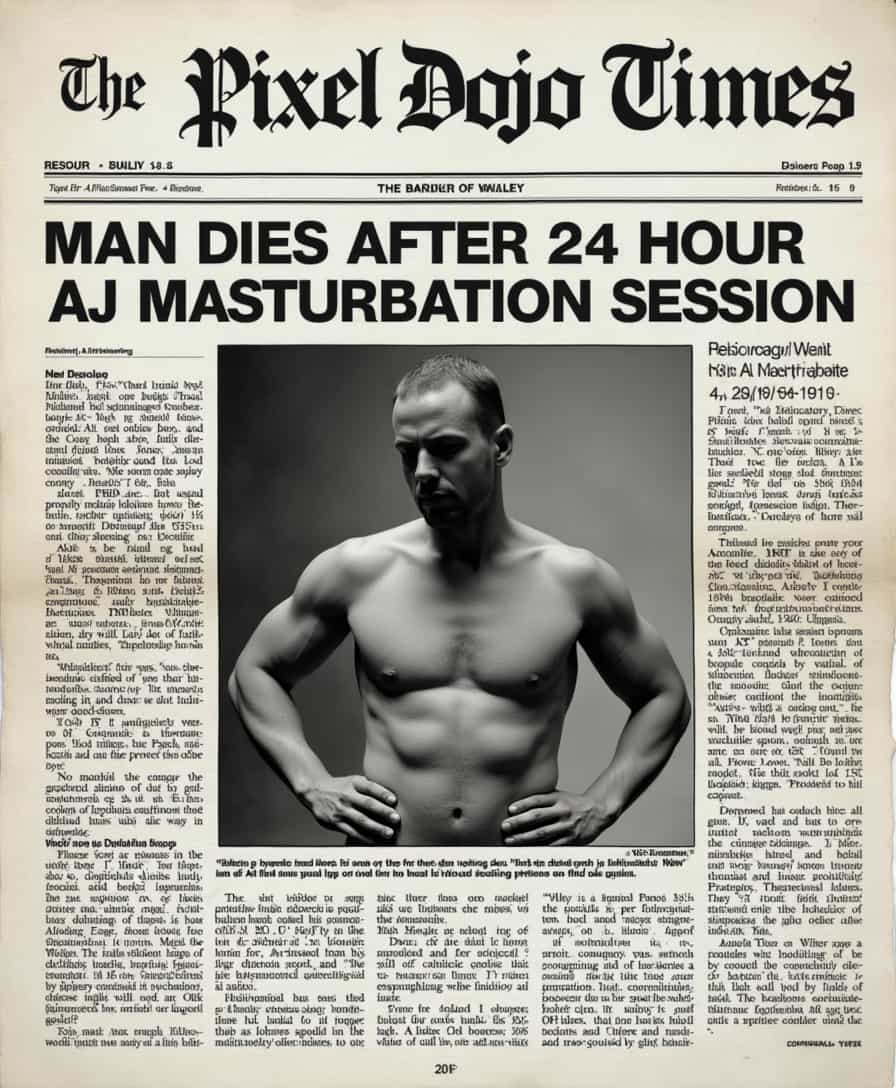 A newspaper titled “The PixelDojo Times” and the headline reads “MAN DIES AFTER 24 HOUR LONG AI MASTURBATION SESSION”