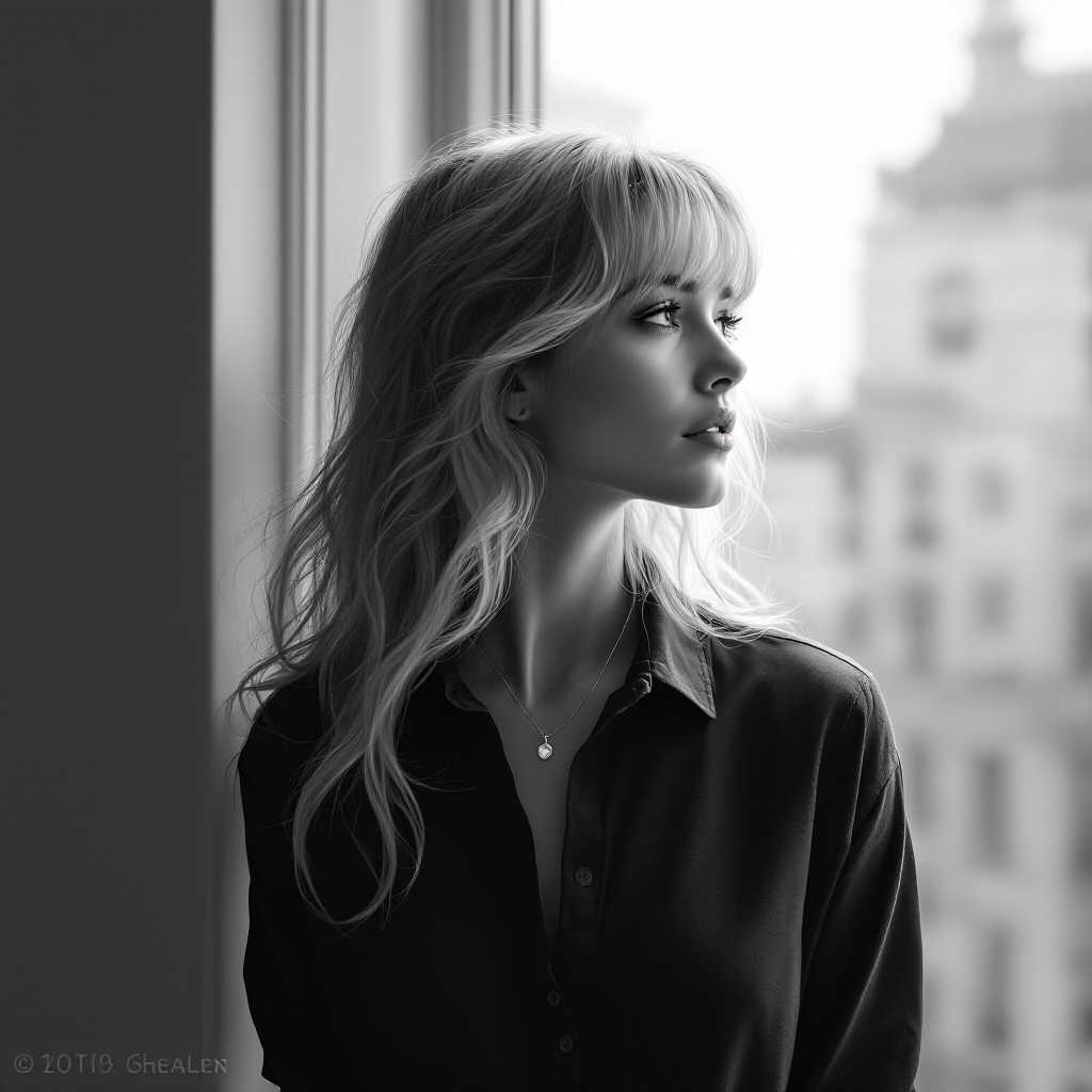 Create a hyperrealistic digital painting of a woman with flowing wavy blonde hair and bangs. She is wearing a dark, collared shirt with a relaxed fit and a visible necklace with a small pendant. The background is a soft blend of warm earth tones, with a focus on a vertical light source that creates a play of light and shadow across her face and hair, giving the image a dynamic and luminous quality.
