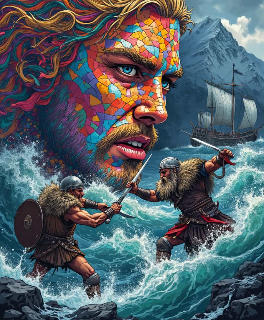 In an intricate illustration style, the artwork merges the vibrant essence of a colorful mosaic with the fierce spirit of Viking battle. At the center, the mosaic forms a striking face, composed of vivid hues that represent various features of the human form—eyes filled with determination, a mouth set in defiance, and hair that flows like the wild sea. Surrounding this visage, two warriors engage in a deadly struggle, their grizzled faces etched with the scars of conflict. One, clad in ornate leather and steel, swings a broad sword, while the other, adorned with a fur-trimmed cloak and iron helmet, stands resolute behind a shield.

The backdrop transforms into a tempestuous sea, waves crashing violently against the shore, reminiscent of the turmoil within the human spirit. A Viking ship battles the storm, its sail emblazoned with a fierce dragon, symbolizing strength and courage. Snowy mountains loom under a brooding sky, adding a dramatic tension that echoes the emotions captured in the mosaic. The color palette contrasts the vibrant mosaic with dark, moody hues, enhancing the raw energy of the warriors' clash and the tumultuous nature surrounding them. This artwork becomes a powerful exploration of identity and emotion, where the struggle for survival mirrors the complex tapestry of human experience.