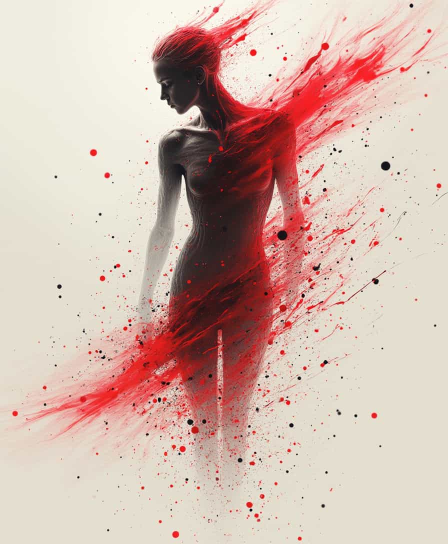 Abstract human figure, splattered paint effect, dynamic motion, red and white color scheme, ethereal ghostly form, swirling lines, transparent body, artistic anatomy, surreal artwork, flowing energy, painterly style, digital illustration, explosive movement, minimal background, contemporary art, fluid dynamics, expressive brushstrokes
