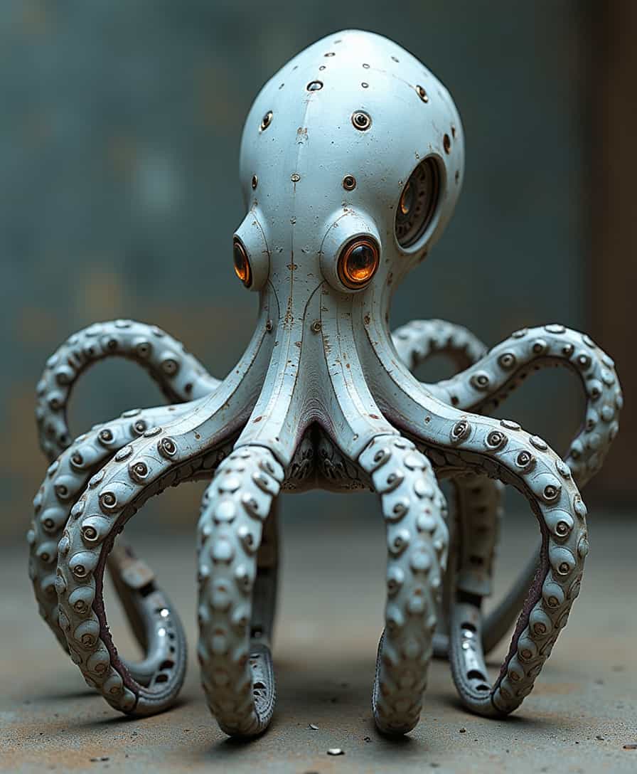 A photo realistic robotic octopus.  The octopus has tentacles that end it what looks  number of different futuristic weapons, all pointed the same direction. 