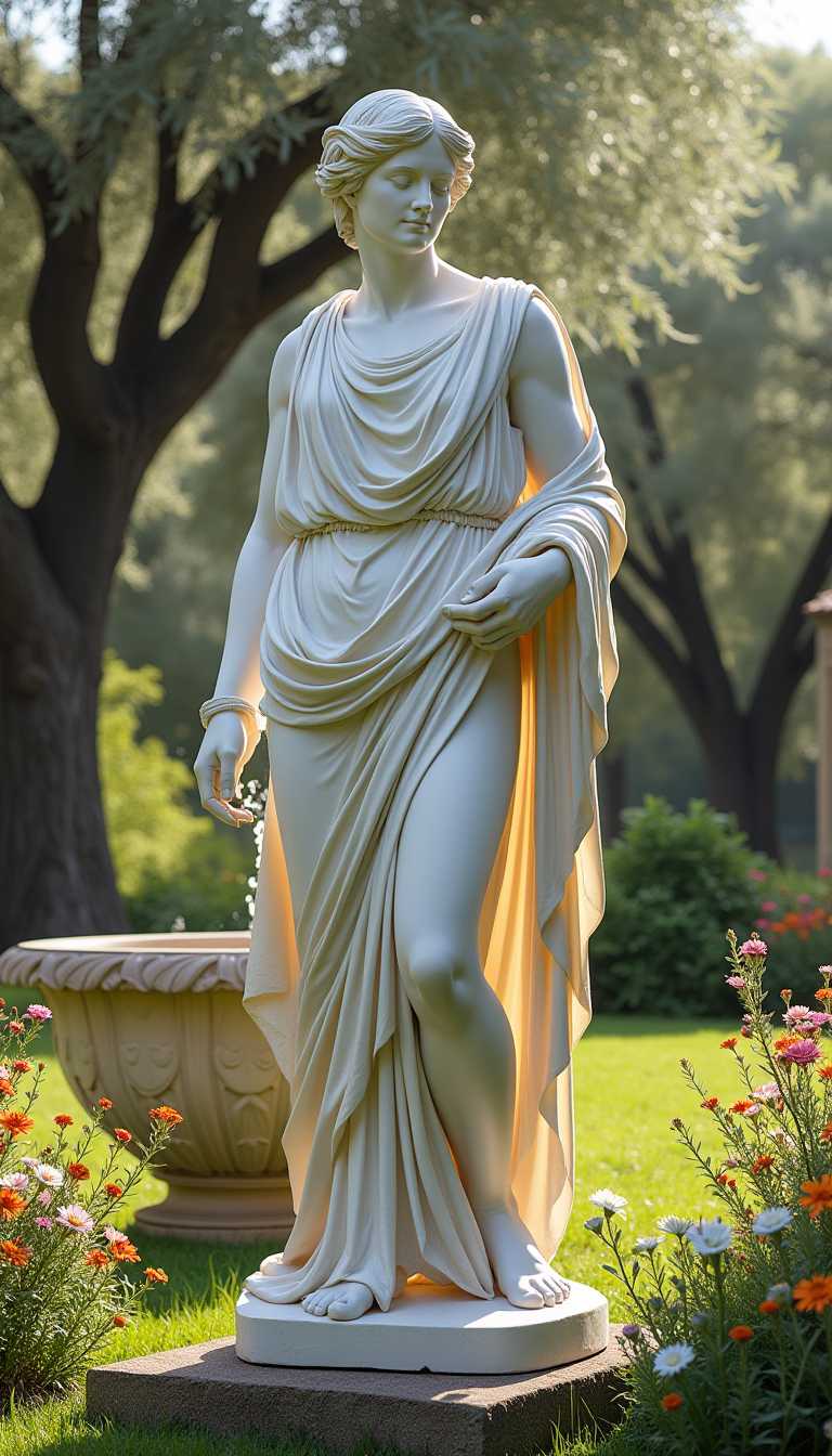 A resplendent statue of a Greek figure, chiseled from luminous white marble, stands majestically atop a weathered stone pedestal, its surface glimmering softly under the golden embrace of the afternoon sun. The figure, draped in flowing garments that cascade like liquid silk, exudes an ethereal grace, each fold meticulously carved, capturing the essence of movement and life. Surrounding the statue, lush greenery sprawls, with vibrant bursts of wildflowers swaying gently in the warm breeze, their colors a vivid contrast against the statue’s pristine surface.

In the background, ancient olive trees stretch their gnarled branches toward the azure sky, their leaves dancing lightly in the wind, casting playful shadows that flicker across the ground. A tranquil fountain nearby murmurs softly, its crystalline waters reflecting the statue's serene countenance, creating a harmonious symphony of sound and sight. The air is imbued with the scent of blooming jasmine, enhancing the idyllic atmosphere, while the soft rays of sunlight filter through the foliage, creating a dappled mosaic of light and shadow that caresses the marble skin of the statue, highlighting its intricate details.