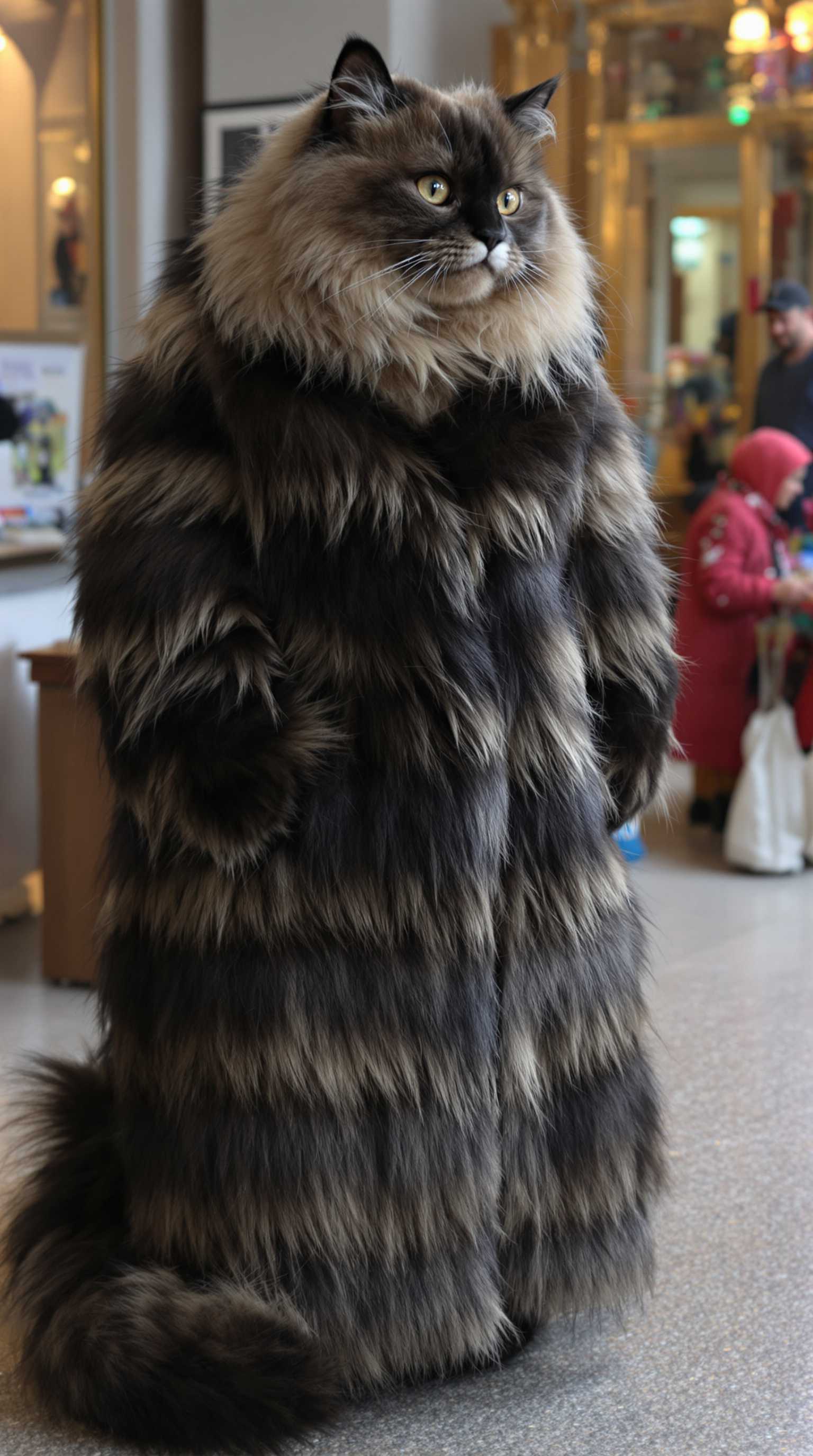 a cat in full human body wearing long fur coat 