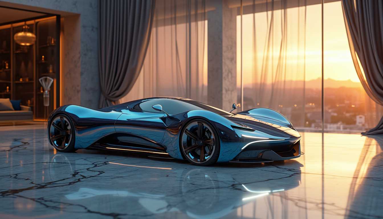A sleek, futuristic concept car glides across a polished marble showroom floor, its aerodynamic silhouette reflecting the soft, ambient glow of strategically placed LED lights that dance across the contours of its metallic skin. The car's body, a striking blend of deep sapphire blue and iridescent silver, shimmers like liquid mercury under the delicate illumination, while its angular, aggressive lines suggest raw power and speed waiting to be unleashed. Surrounding the vehicle, minimalist displays of carbon fiber and glass showcase the latest in automotive technology, their stark elegance contrasting with the sumptuous richness of the plush velvet drapes that frame the expansive glass windows, allowing glimpses of a vibrant cityscape beyond.

In the background, the sun sets, casting a warm golden hue that filters through the glass, creating a halo effect around the car, emphasizing its status as a masterpiece of engineering. The tires, low-profile and wrapped in high-performance rubber, hint at the thrilling adventures awaiting on asphalt racetracks, while the cockpit, adorned with leather and high-tech interfaces, beckons the driver to experience the ultimate fusion of luxury and speed. The composition draws the eye towards the vehicle, inviting admiration and intrigue, as reflections of the surrounding opulence blend seamlessly with the car's striking design, embodying the pinnacle of automotive artistry.