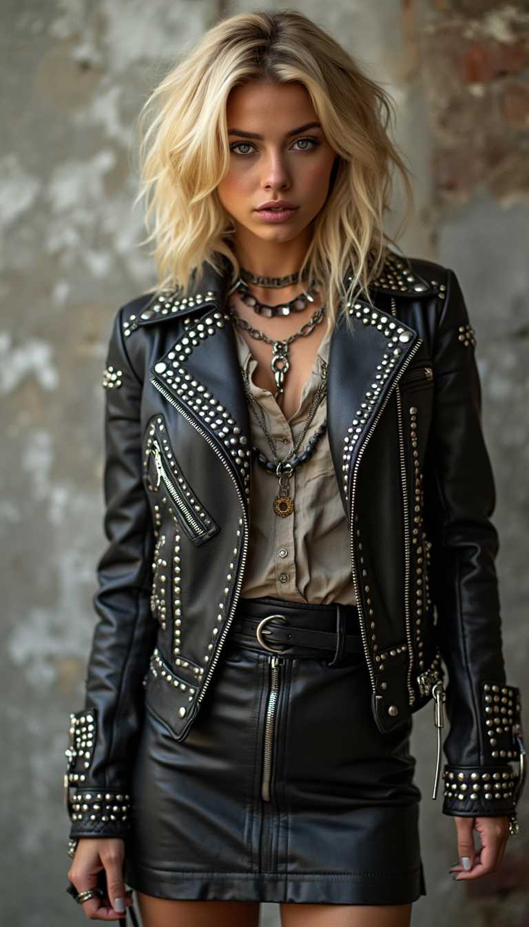 a blonde biker girl wearing a studded biker jacket and a shirt leather skirt