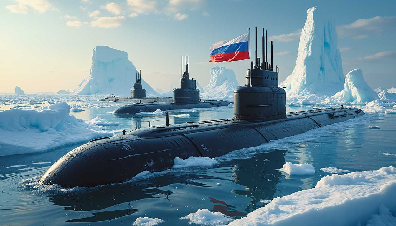 A hyperrealistic depiction of Russian submarines surfacing in icy Arctic waters. The submarines display the Russian flag prominently, and the surrounding icebergs shimmer under a clear sky, with dramatic lighting emphasizing the cold atmosphere.