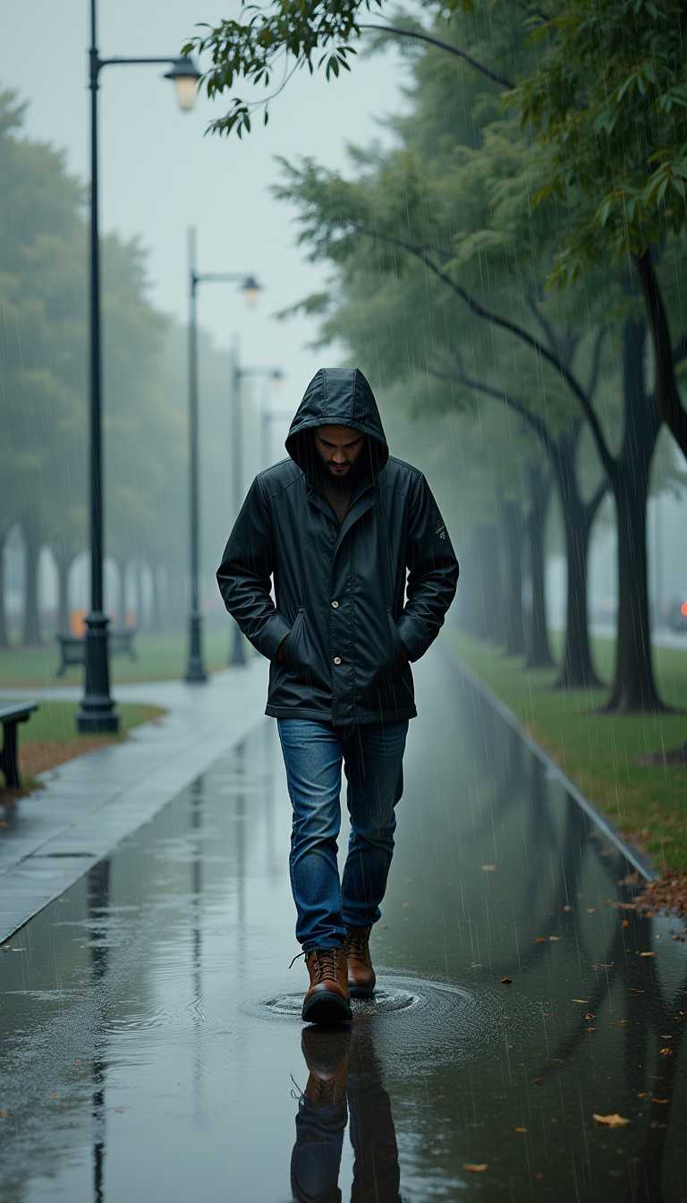 A 25-year-old man walking through a rainy park, his face partially hidden by the hood of his jacket. He wears a dark, water-resistant coat, jeans, and boots, with his hands shoved into his pockets. Rain falls heavily, creating ripples in the puddles on the ground, and water runs off the leaves of nearby trees. The atmosphere is moody and contemplative, with mist rising from the wet ground. The park is relatively empty, with just a few trees and benches scattered around. The lighting is soft and diffused due to the overcast sky. Type of Image: Photorealistic, Art Styles: Hyperrealism, Art Inspirations: Urban street photography, rainy day photography from ArtStation, Camera: Canon EOS 5D Mark IV with 50mm lens, Shot: Medium shot, Render Related Information: 8K resolution, HDR, natural lighting, soft focus, highly detailed.