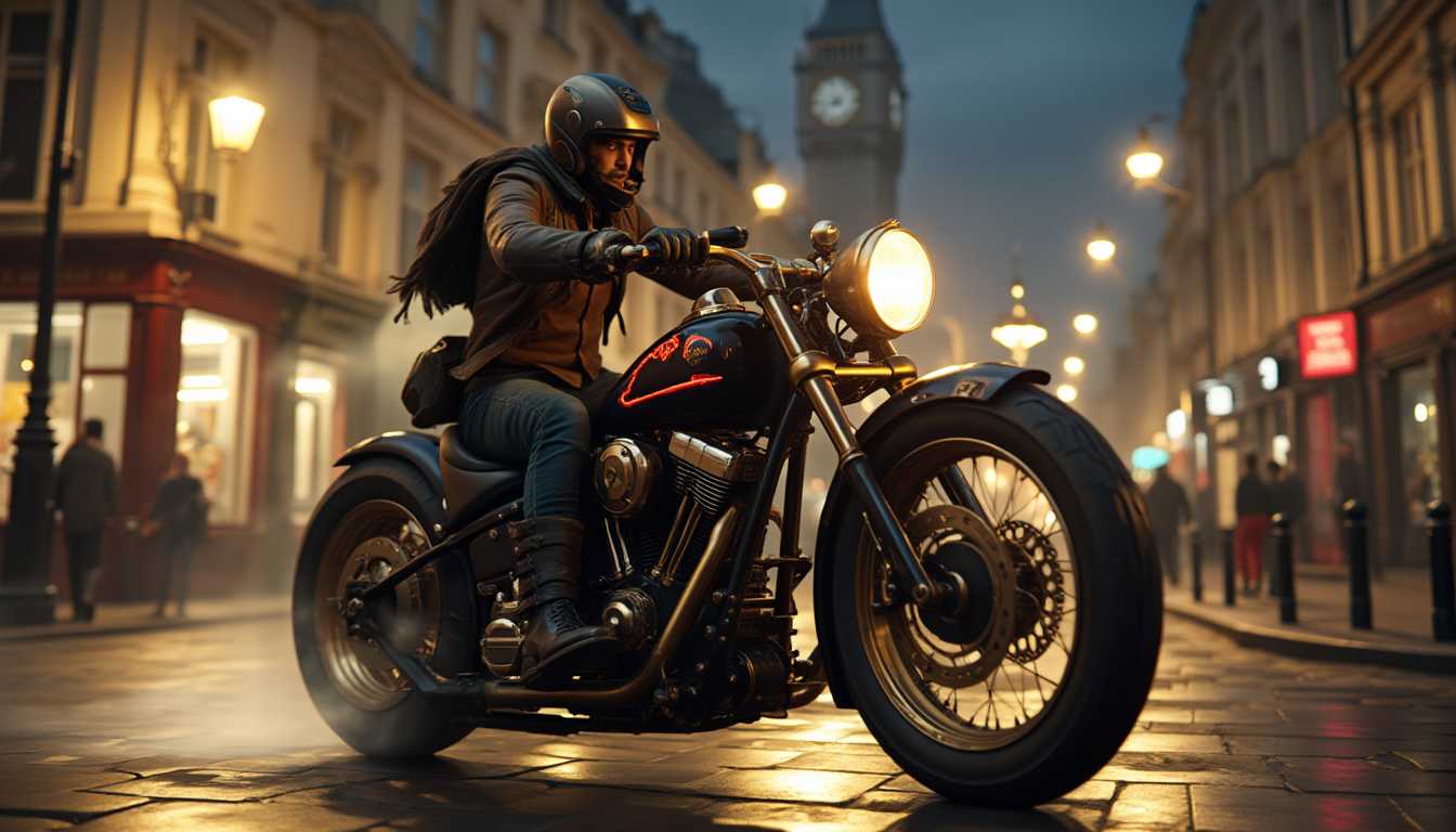 Realistic photo of a character riding a steampunk motorcycle through the streets of London at night