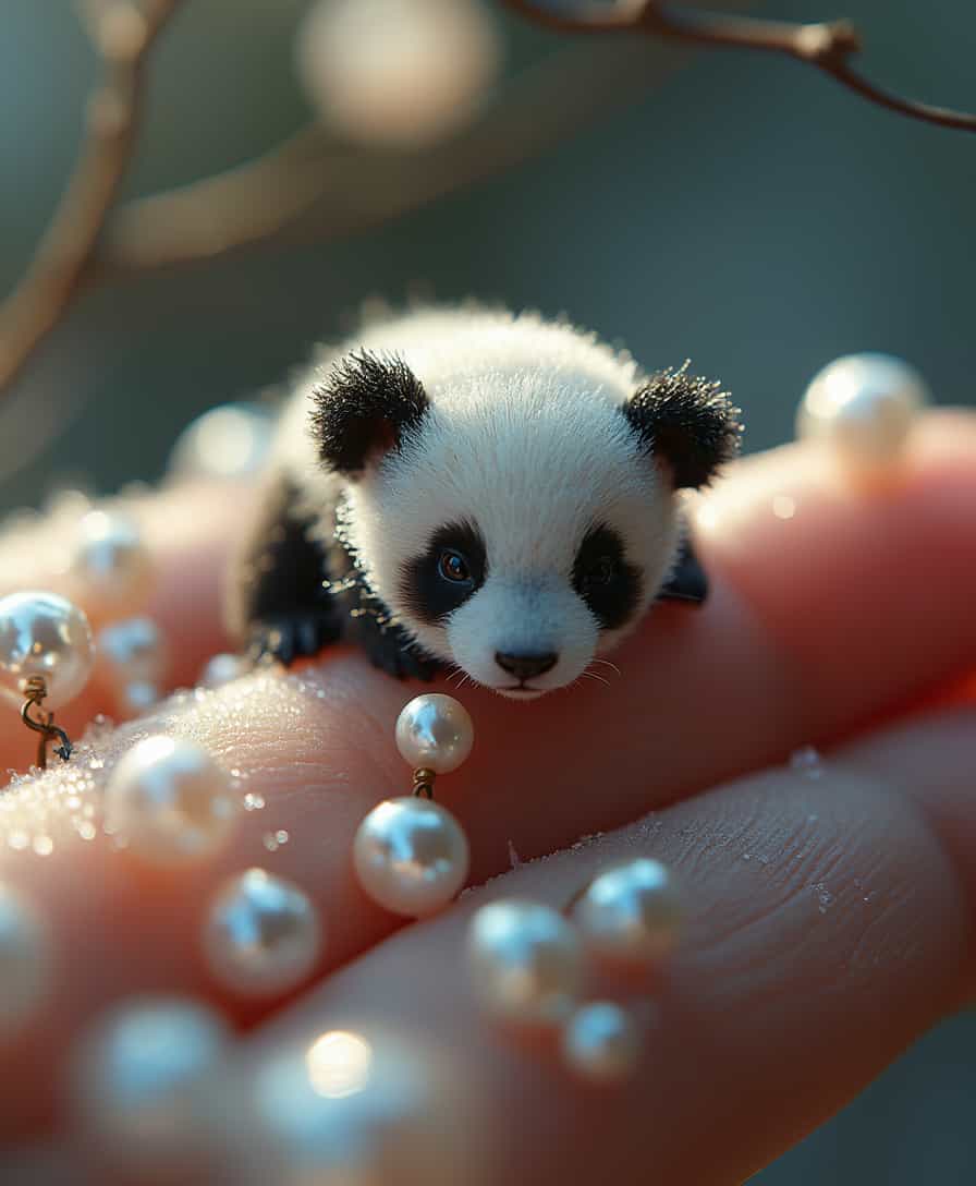 Capture a close-up shot with a shallow depth of field, showcasing a tiny, finger-sized panda resting gently on human fingers, illuminated by soft volumetric light that enhances the serene atmosphere. The panda's fine textures and details are accentuated by the interplay of light and shadow, while the human fingers are adorned with pearls, glistening as if covered in frost, adding a touch of elegance to the scene. The background blur adds depth, drawing attention to the miniature creature's unique features and the delicate frost-like sheen on the pearls. This enchanting composition invites viewers to appreciate the intricate beauty of both the panda and the shimmering materials surrounding it.