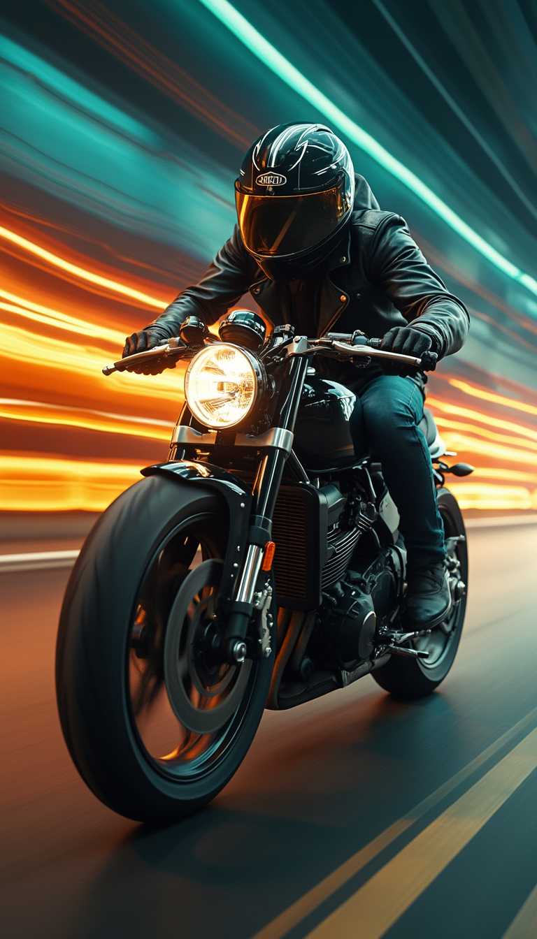 Create a dynamic image of a motorbike rider in motion, captured with a panning effect. The rider is leaning into a turn on a sleek, powerful motorbike, wearing a bold helmet wearing a leather jacket. The background is a motion-blurred streak of vibrant colors, emphasizing speed and energy. The color palette includes black for the bike and outlines, and gold for accents and highlights, creating a striking and focused composition. Hyperrealistic photocinematic. ray trayced. 4d