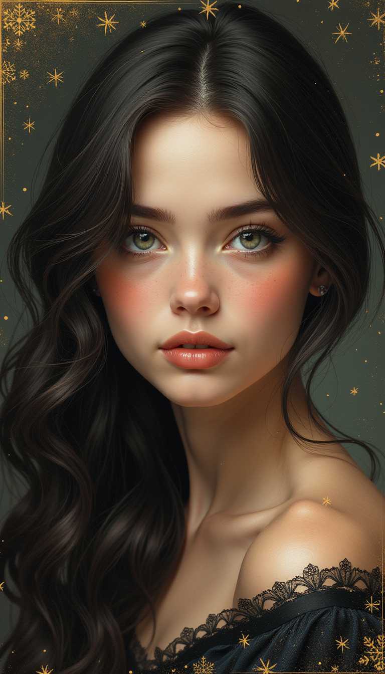 Beautiful girl 23 years old, Christmas tones of gold, black, white, Adorable beautiful happy woman, green eyes, stunning detail art, stunning art, dramatic, completed, hyper-realistic, dark background, ultra highly detailed gold frame, detailed digital painting, highly detailed pose, intricate, intricate, clarity, beautiful high quality digital illustration, black and white flowers background, trends in art season, sharp focus,