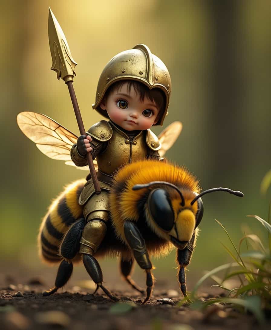 Macro photo of a cute little boy in full armor riding on the back of a bee, holding a small spear, bee feathers and knight armor with high detail, surreal and epic, soft forest lighting, hyper-realistic photo mode