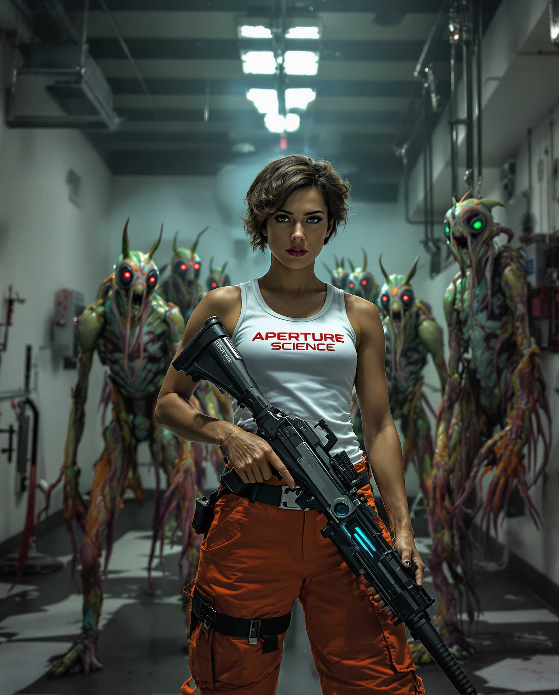 **Prompt:**

A medium close-up shot of a **brunette** Russian woman with **short, curly hair**, dressed in vibrant **orange cargo pants** with visible pockets and a **white tank top** emblazoned with the **'Aperture Science'** logo. Her **eyes are steely**, reflecting both determination and unease. She holds a **futuristic, sleek rifle** with a **blue glowing core** at its center, standing in a **dystopian laboratory** filled with **broken glass and scattered scientific equipment**. 

**Around her**, **hybrid human/praying mantis mutants** with **elongated limbs**, **iridescent green exoskeletons**, and **eyes that glow faintly red** flank her, creating a **sense of danger** and **otherworldliness**. The **lighting** is **horror-inspired**: **harsh shadows** carve out the scene, with **dim, flickering overhead lights** casting **eerie glows** on the mutants and **highlighting the starkness of the lab's white walls**. 

The **composition** places the woman slightly **off-center**, with her rifle pointing towards the **camera**, creating a **dynamic tension** between her and the viewer. **Camera angle** is **slightly low**, enhancing her **heroic stature**. The **atmosphere** is **tense** with a **mood of impending doom**, the **air thick with mist** from leaking chemicals, adding to the **sense of decay and danger**. The **style** mimics **hyperrealistic concept art**, with **high contrast** and **vibrant colors** popping against the **dark, oppressive background** of the lab, reminiscent of **sci-fi horror movies** from the early 2000s. **Depth of field** blurs the background mutants, focusing on the woman and her rifle, enhancing the **surreal, unsettling nature** of the scene.