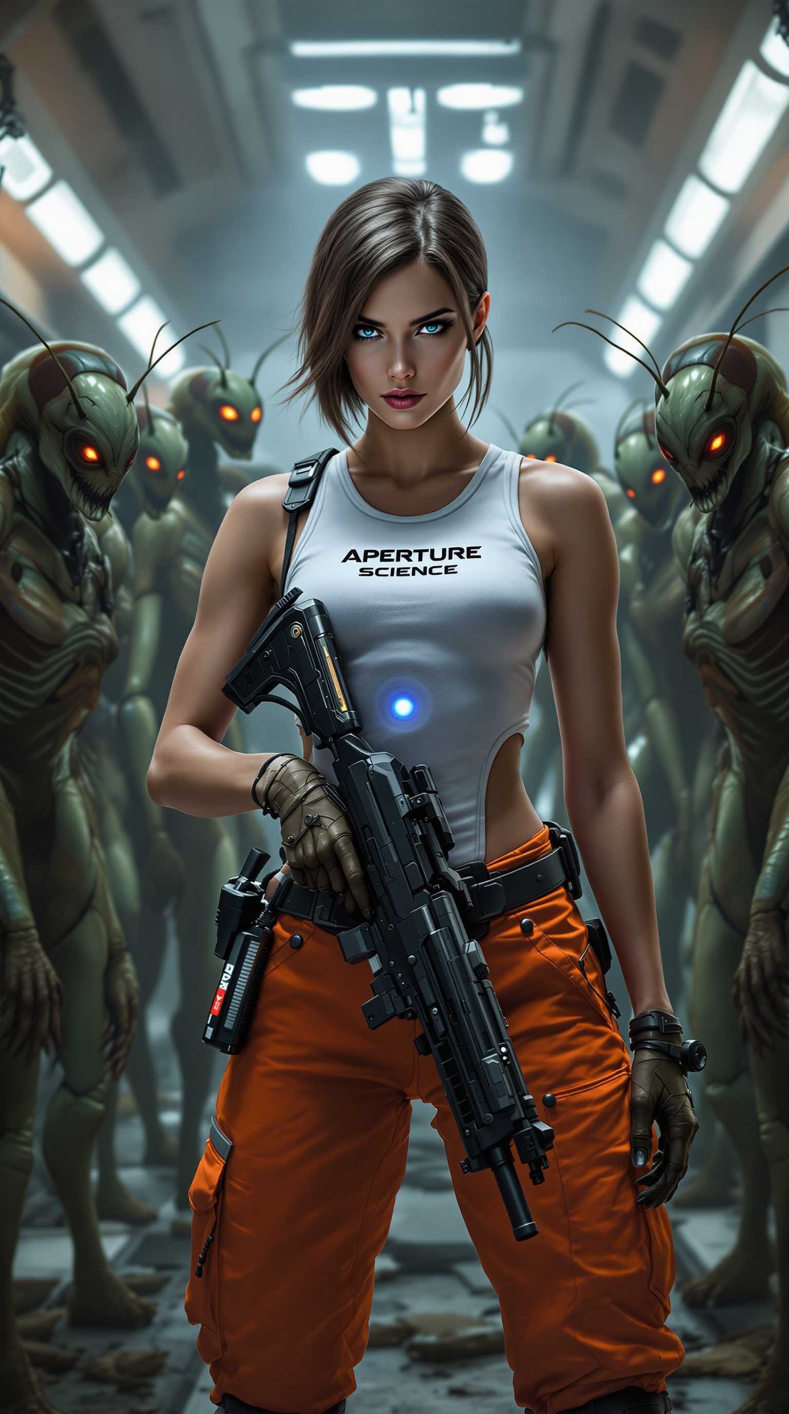 **Prompt:**

A medium close-up shot of a pale **brunette** Russian woman with **short, parted hair**, dressed in vibrant **orange cargo pants** with visible pockets and a **white tank top** emblazoned with the **'Aperture Science'** logo. Her **eyes are steely**, reflecting both determination and unease. She holds a **futuristic, sleek rifle** with a **blue glowing core** at its center, standing in a **dystopian laboratory** filled with **broken glass and scattered scientific equipment**. She is wearing The Advanced Knee Replacement from the video game Portal.

**Around her**, **hybrid human/praying mantis mutants** with **elongated limbs**, **iridescent green exoskeletons**, and **eyes that glow faintly red** flank her, creating a **sense of danger** and **otherworldliness**. The **lighting** is **horror-inspired**: **harsh shadows** carve out the scene, with **dim, flickering overhead lights** casting **eerie glows** on the mutants and **highlighting the starkness of the lab's white walls**. 

The **composition** places the woman slightly **off-center**, with her rifle pointing towards the **camera**, creating a **dynamic tension** between her and the viewer. **Camera angle** is **slightly low**, enhancing her **heroic stature**. The **atmosphere** is **tense** with a **mood of impending doom**, the **air thick with mist** from leaking chemicals, adding to the **sense of decay and danger**. The **style** mimics **hyperrealistic concept art**, with **high contrast** and **vibrant colors** popping against the **dark, oppressive background** of the lab, reminiscent of **sci-fi horror movies** from the early 2000s. **Depth of field** blurs the background mutants, focusing on the woman and her rifle, enhancing the **surreal, unsettling nature** of the scene.