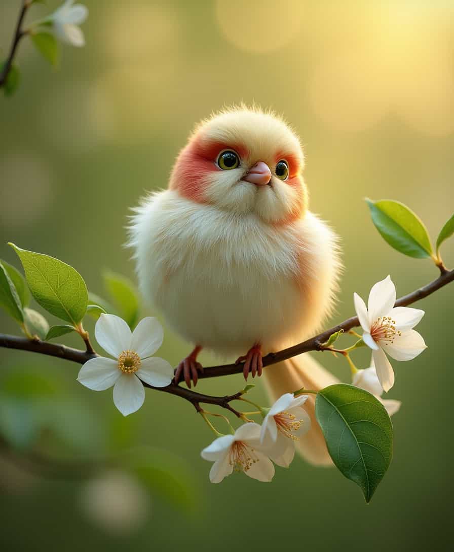 A delicate, fluffy bird perches gracefully on a slender twig adorned with clusters of white and red jasmine blossoms, their petals glistening like tiny jewels in the soft morning light. The bird’s body is a whimsical tapestry of jasmine sambac petals, forming a plush, feathery coat that shimmers with hints of creamy white and vibrant crimson, while its large, expressive green eyes sparkle with a hint of mischief against the subtle backdrop of lush green leaves. Surrounding the scene, the air is filled with the sweet, intoxicating fragrance of jasmine, weaving through the gentle breeze that rustles the leaves, creating a symphony of soft whispers and delicate rustling.

The composition is a harmonious blend of nature’s artistry, with the bird’s round, fluffy form contrasting beautifully against the slender, elongated lines of the twig and the cascading floral arrangement. The illumination bathes the entire tableau in a warm, golden hue, highlighting the intricate textures of the flowers and the bird’s soft plumage, while casting gentle shadows that enhance the three-dimensionality of the scene. Viewed from a slightly elevated angle, the perspective invites the observer to appreciate both the intricate details of the bird’s floral body and the enchanting beauty of its floral perch, creating a moment of serene wonder in a vibrant natural setting.