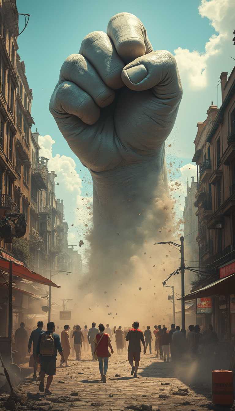 A giant fist suddenly fell from the azure sky, like a huge rock, hitting the ground and stirring up a cloud of dust. With a deafening roar, the surrounding buildings shook slightly, and the passers-by scattered in fear. The surface of the fist shimmered with metallic luster, like the descent of an invisible giant god, full of a sense of oppression. Its fall not only shook the earth, but also stirred up the deep-seated fear and curiosity in everyone's heart, as if telling some unknown omen. The air was filled with a tense atmosphere, and at this moment, the ground became the intersection of mystery and power.