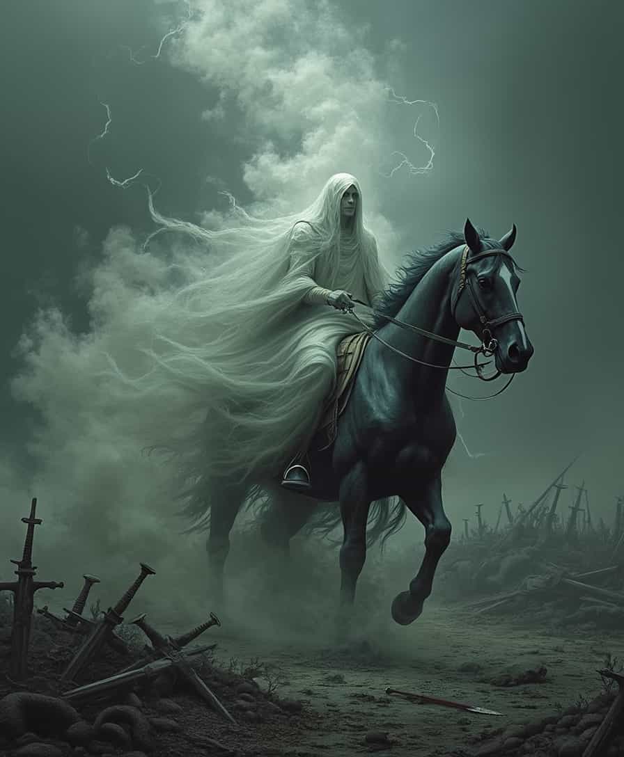 A ghostly figure in flowing robes rides a spectral horse, emerging from a swirling cloud of mist. The background depicts a battlefield strewn with fallen soldiers and weapons, creating a dramatic and eerie atmosphere. The scene conveys a sense of haunting power and foreboding. Include text. Black Starr - Powder Reign