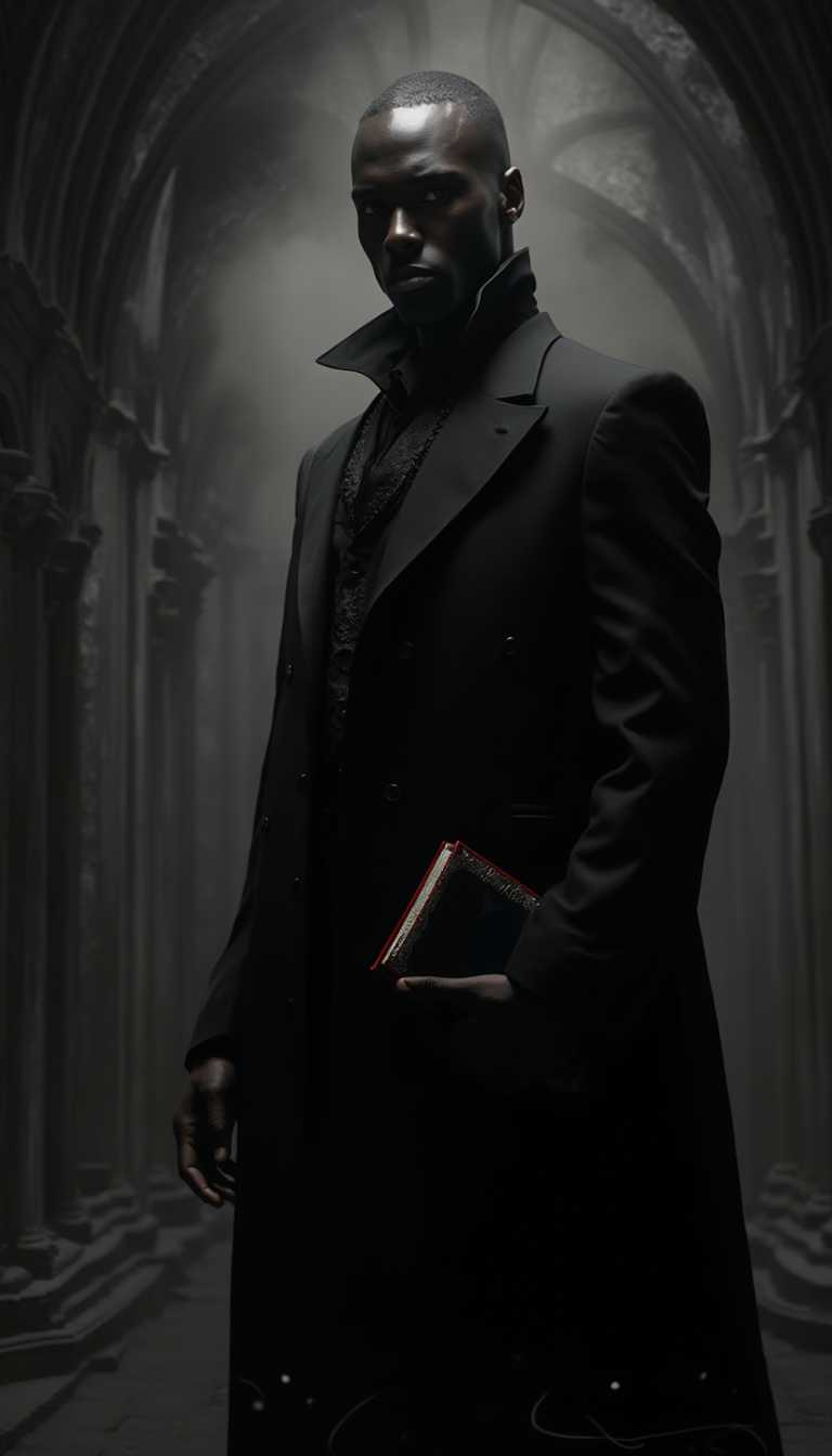 Ethereal handsome African man in black suit, Monochrome Splendor. A breathtaking full-body portrait of a hauntingly handsome man in gothic style. His masculine frame stands poised against a backdrop of deep shadows and swirling mists. His skin is perfect, contrasting sharply with his black attire. his face like living sculptures. His eyes, rendered with hyper-realistic detail, are mesmerizing pools of mystery, drawing the viewer into their depths. The composition is dominated by a striking interplay of black, creating a dramatic chiaroscuro effect that emphasizes the man's masculine pose and the ornate details of his black ensemble. As a captivating accent, a single element in vibrant black- perhaps a book in his hand  - provides a focal point that breaks the monochrome palette. The background features gothic architectural elements fading into darkness, enhancing the mysterious and haunting atmosphere. Subtle wisps of fog curl around his feet, adding to the ethereal quality of the scene. Style: Ultra-high definition (32K) photorealistic render with meticulous attention to symmetry and detail. Utilize advanced lighting techniques to create dramatic shadows and highlights, emphasizing the contrast between black and white while making the red accent pop. The image should convey a sense of timeless beauty and gothic allure, making it a mesmerizing masterpiece.