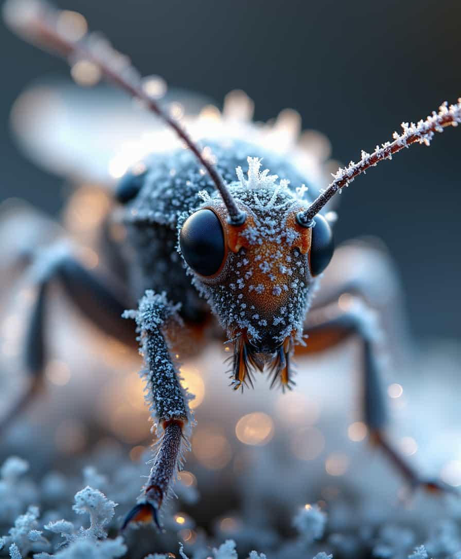 Close-up of an insect, showcasing a surrealistic representation of a frost-covered creature. This photorealistic image captures the intricate details of the insect's body, glistening with frost that enhances its features in an otherworldly manner. The background is softly blurred, allowing the viewer to focus on the surreal beauty of the insect. This macro-photo in stunning 4K resolution reveals a rich tapestry of colors and textures, transforming the ordinary into the extraordinary.