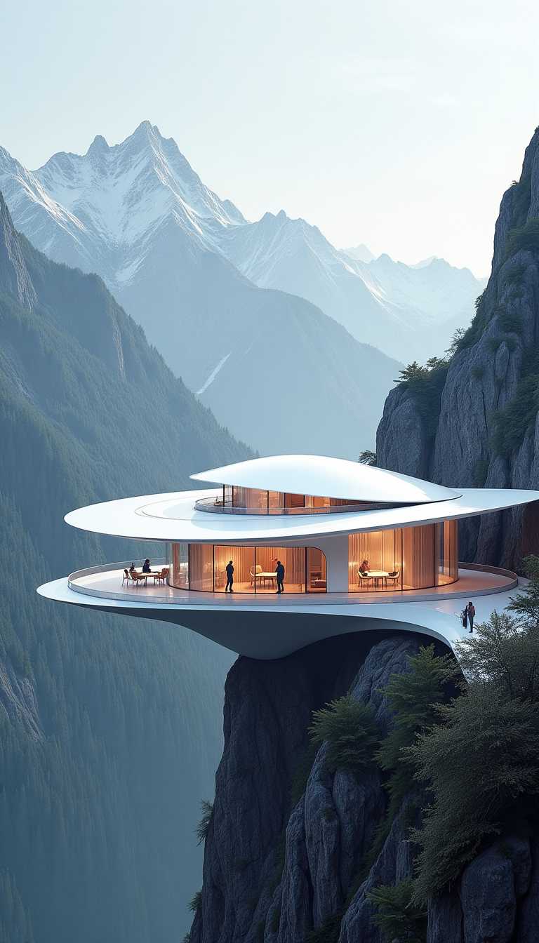 Futuristic architectural structure, echoing Ieoh Ming Pei's influence, defies gravity, traditional design principles, sleek curving lines, floating sections, hover appearance, advanced material use, transparent elements, glowing accents, elegant, otherworldly, seamlessly integrated into mountainous landscape, bold, imaginative vision of future architecture, functional yet artistic avant-garde aesthetic, ultra-clear, ultra-realistic, digital rendering.