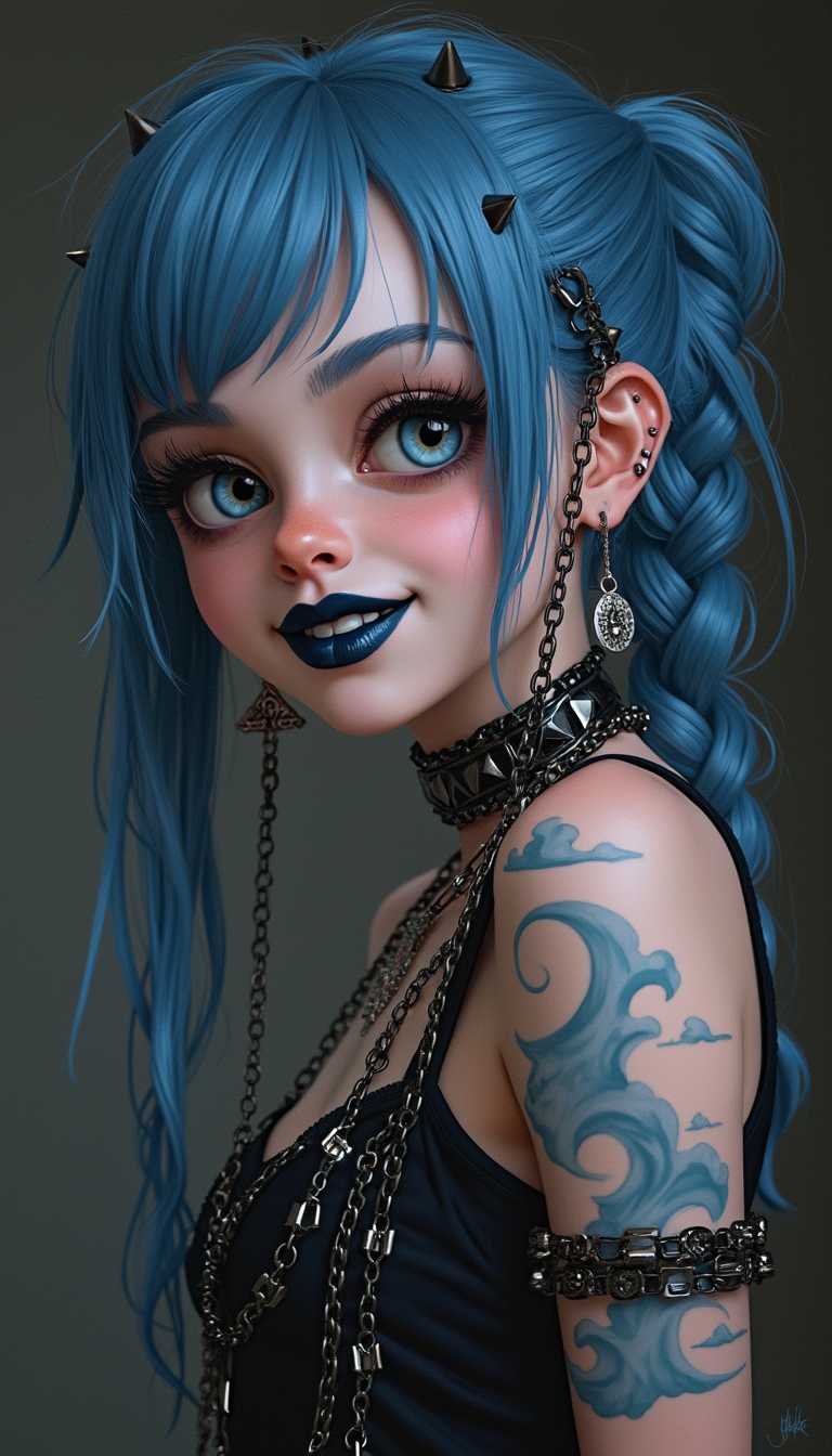 An extremely detailed photo realistic picture depicting a character with a gothic or alternative aesthetic portrayed by a young Alison Brie. The character has long blue hair styled in a side braid, striking blue eyes, and is wearing dark blue lipstick. They're adorned with punk/gothic accessories including a spiked choker and what appears to be a chain necklace with a pendant. The character is wearing a black top and has some visible tattoo work on their arm of light blue clouds or waves. The overall art style is sleek and modern, with a dark, moody background that complements the character's edgy appearance. The expression on their face shows a slight smirk, giving off a confident and somewhat mischievous vibe.