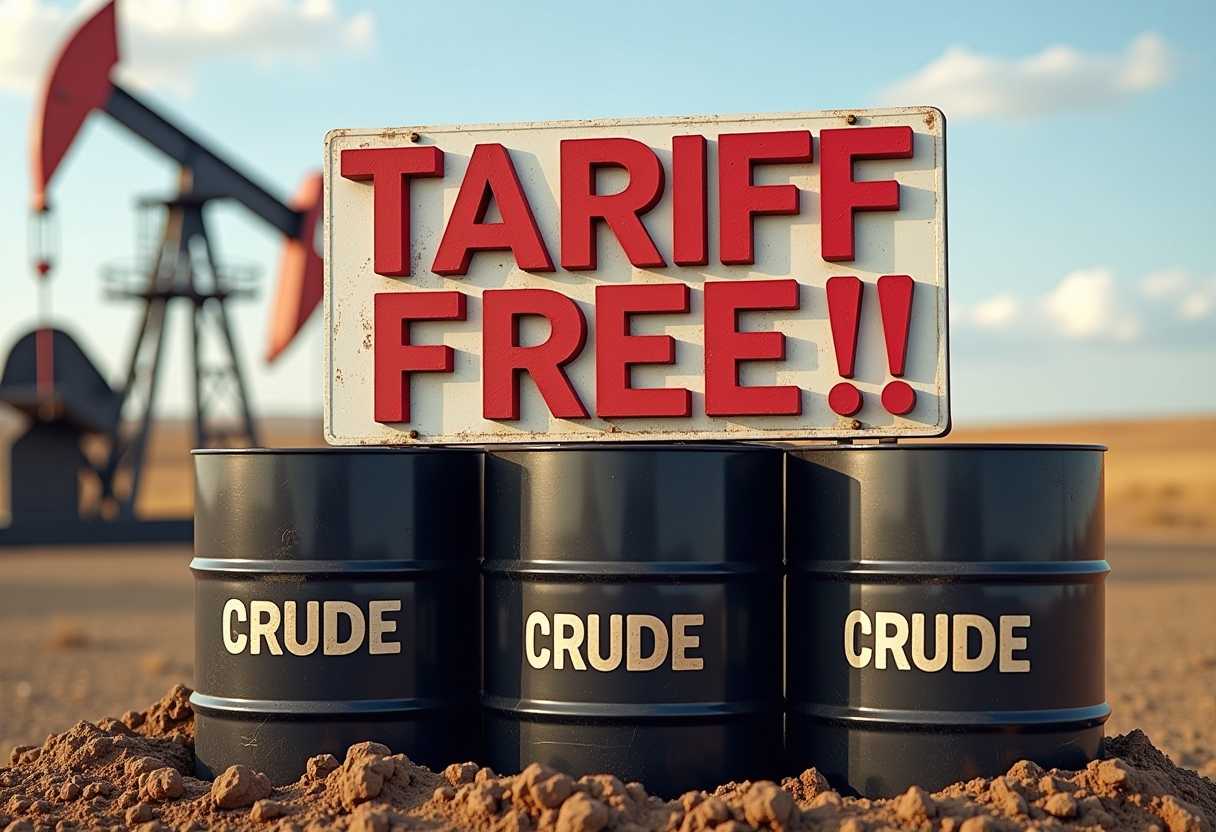 create an image of barrels of Crude Alberta Oil with a sign above reading "Tariff FREE!!" in bold 3d letters, background alberta oil rig