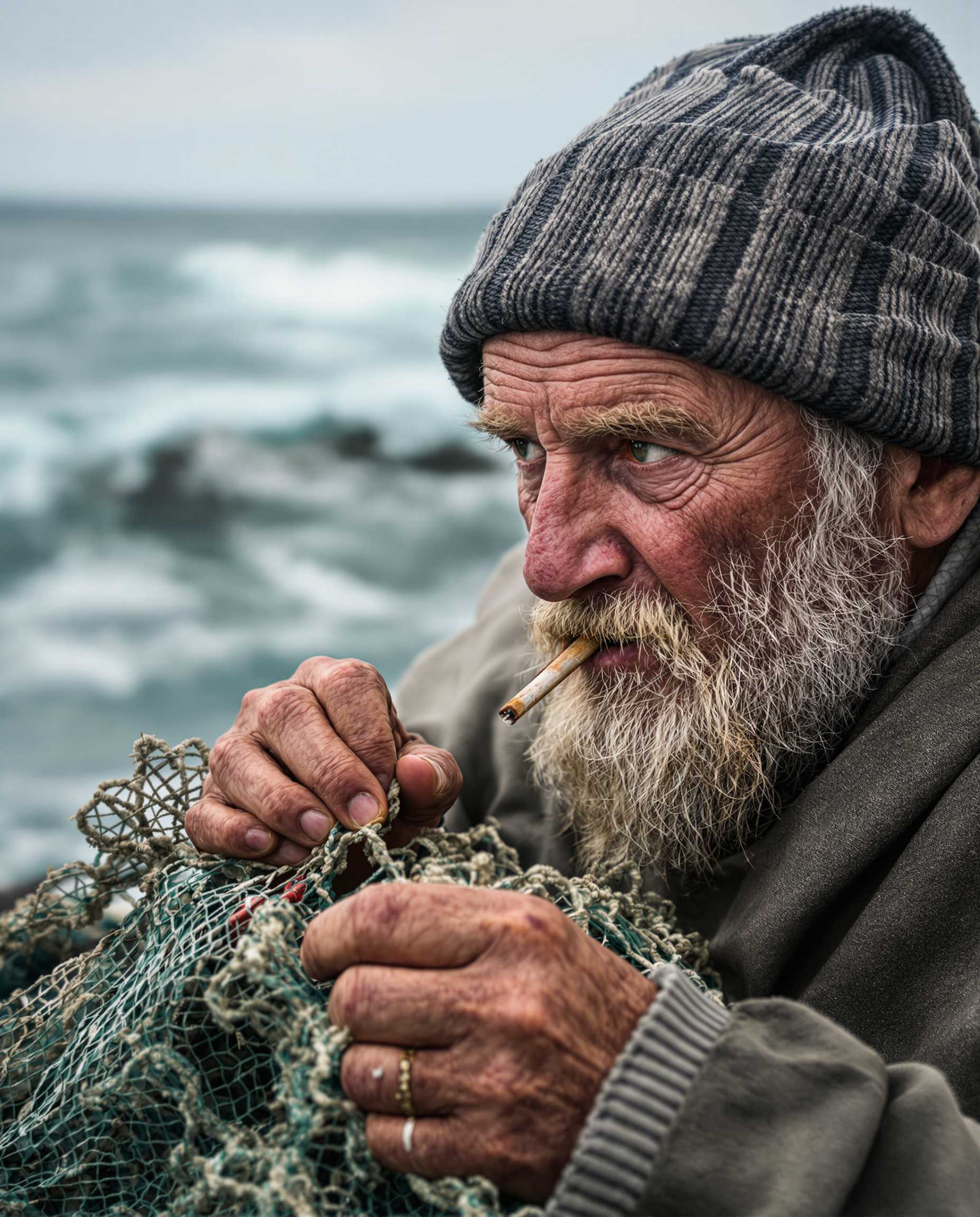 A cinematic and atmospheric portrait of an old fisherman with a weathered face, wearing a woolen beanie and a thick beard. He has a cigarette stub in his mouth and is focused on repairing a fishing net with his rugged hands. The background is blurred, showcasing a rough and stormy sea, adding a dramatic and moody effect to the scene. The lighting is soft and natural, highlighting the texture of his skin and the details of his clothing. The overall tone is earthy and immersive, evoking a sense of resilience and connection to the sea.