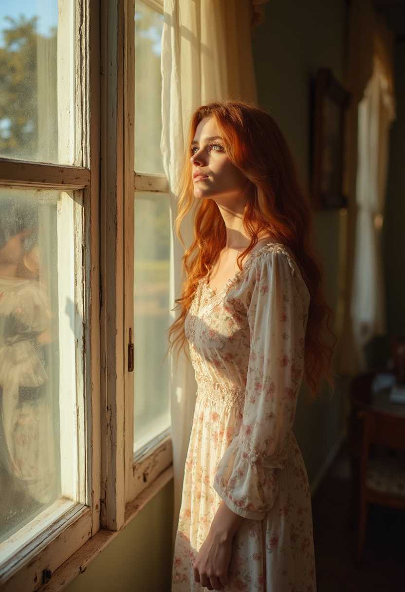 **Subject**: A woman in her late 20s, with long, flowing auburn hair, wearing a soft, vintage floral dress, standing at a window.

**Visual Details**: 
- **Lighting**: The scene is bathed in the warm, golden light of late afternoon, casting long shadows and creating a soft glow around her figure.
- **Colors**: The palette includes muted earth tones with the dress providing a pop of color against the soft, beige walls and wooden window frame.
- **Textures**: The woman's dress has a delicate, lace-like texture, contrasting with the rough, aged wood of the window frame. The curtains are sheer and slightly billowy.

**Style**: 
- **Artistic Style**: The image should evoke the romanticism of the Victorian era, with a painterly, impressionistic touch reminiscent of artists like John Singer Sargent or Mary Cassatt.
- **Photography Technique**: Use a shallow depth of field to focus on the woman, with the background slightly blurred to enhance the sense of intimacy and introspection.

**Composition**: 
- **Layout**: She is positioned slightly to the left of the center, looking out the window with her right profile visible. The window is large, occupying most of the frame, with her figure framed by the casement.
- **Camera Angle**: A slightly low angle shot to emphasize the window's grandeur and her contemplative pose.

**Mood and Atmosphere**: 
- **Feeling**: There's a sense of longing, nostalgia, or perhaps quiet contemplation. The atmosphere is peaceful, with a touch of melancholy.
- **Time of Day**: Late afternoon, just before sunset, enhancing the warm, reflective mood.
- **Weather**: Clear skies outside, with the gentle rustling of leaves visible through the window, suggesting a mild, pleasant day.

**Technical Aspects**: 
- **Lens**: A 50mm lens to capture her in a natural, flattering perspective.
- **Focus**: Soft focus on the woman, with the window slightly out of focus to keep the emphasis on her.
- **Exposure**: Slightly overexposed to give the image a dreamy, ethereal quality.

**Cohesion**: The scene should feel like a moment frozen in time, where the woman's gaze towards the outside world contrasts with the stillness of the room, creating a narrative of inner thought and external beauty. The overall composition should evoke a sense of timelessness and gentle introspection.