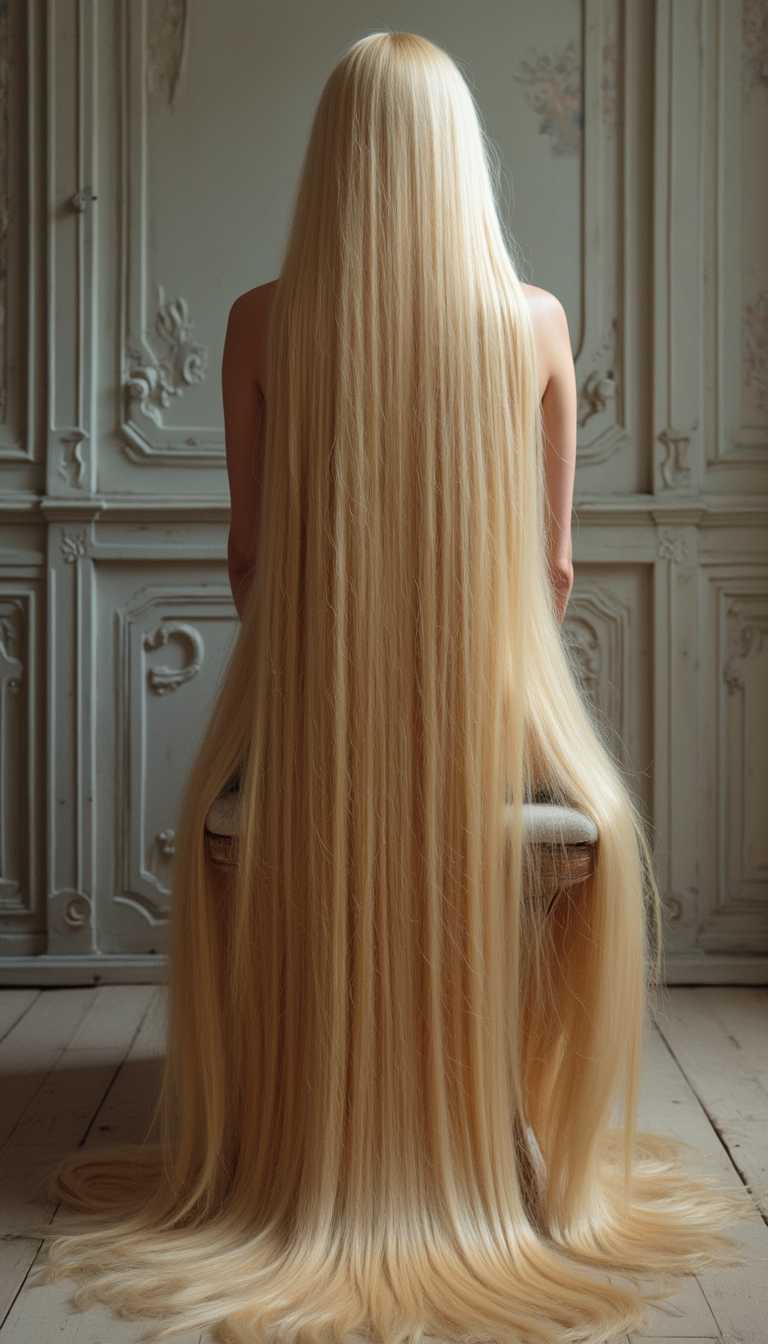 source_real, rear view, blonde sitting on chair, very thick extremely long hair, extremely excessive hair, floor length hair, super extra long hair, covered in hair, hair