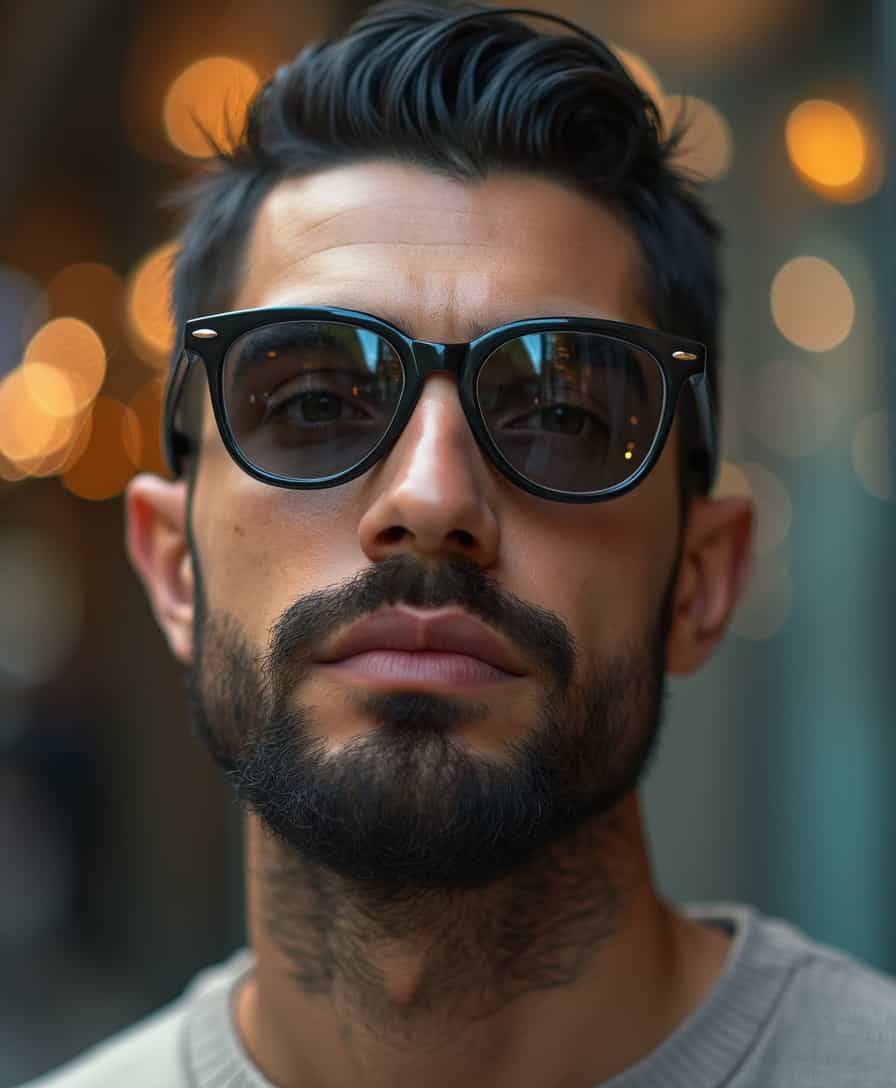 hyperrealistic photo of 34yo man, short black hair combed back with gel, three-day beard, wearing slipped down on the nose sunglasses, looking (above:1.8) the sunglass with his detailed eyes right to the viewer, intrinsic detailed skin texture, perfect eyes, 8k, RAW, Canon EOS 5D, blurred background, bokeh 