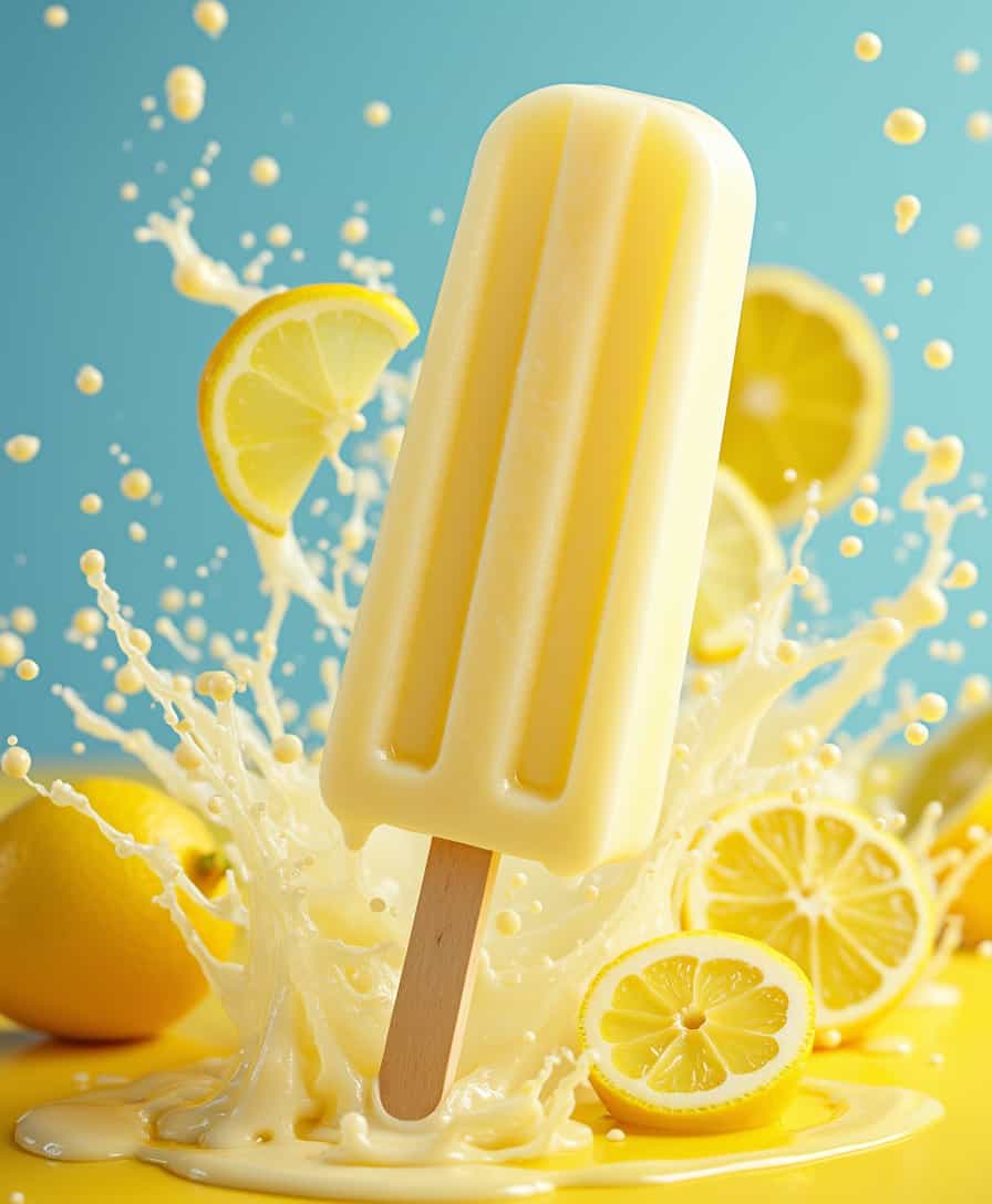 A vibrant and refreshing advertisement featuring a lemon yogurt popsicle, dripping creamy yogurt. Surrounding the popsicle are splashes of flowing yogurt lemonade, bright yellow lemon slices, and a clean blue and yellow background. The composition emphasizes freshness, summer vibes, and a creamy citrus texture. Photorealistic, highly detailed, and visually appealing for a modern product ad.