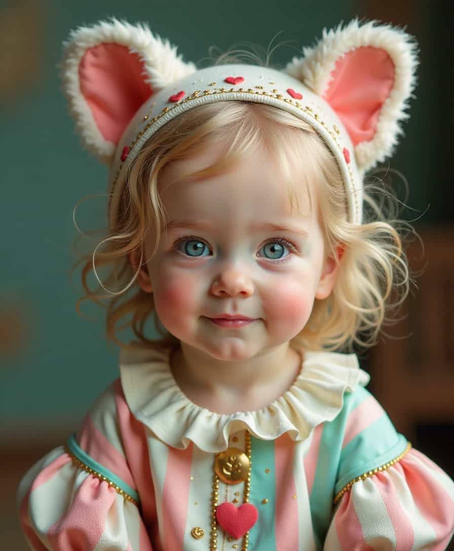 photorealistic portrait of a cute little child with slight smile , medieval Venetian Valentine’s Day white squirrel inspired Victorian harlequin, in pastel stripes of coral pink, mint green and powder blue and gold, with heart pattern cozy warm light and intricate extremely detailed, award winning, art magazine sophisticated vivid colors, fairytale like, 
