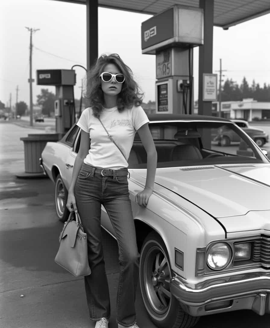 A black-and-white photograph of a young woman wearing sunglasses, standing next to her car at a gas station in the northeastern United States in the summer of the 20th century. She is dressed in a T-shirt, jeans, and shoes, and is holding a handbag. The scene captures the essence of mid-1970s American culture, and it has been photographed in the style of Martin Parr. She looks confident and cool. 