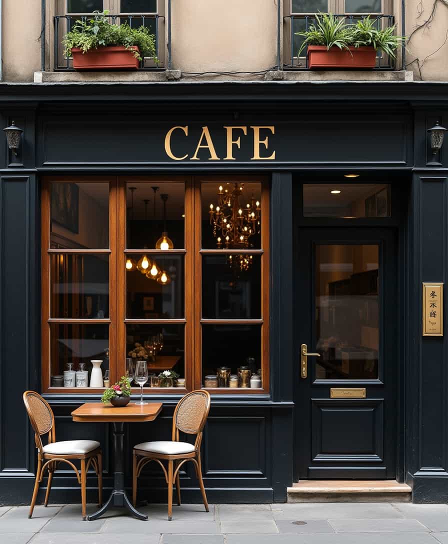 the facade of the cafe is black. with large windows and wood trim. realism