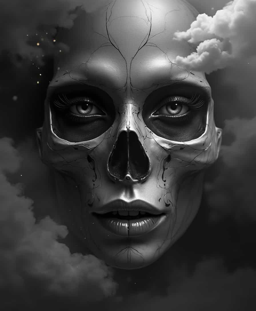 skull,beautiful female portrait, intricate shading, smooth gradients, high-contrast black and white composition, micro details, layered textures, glowing highlights, dynamic light refraction, tattoo-focused design, 9:16 layout, balanced proportions, geometric symmetry, atmospheric depth, sharp edges, soft cloud diffusion, hyper-realism, tactile surface definition