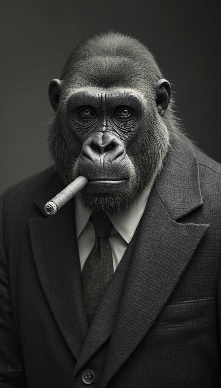 A photorealistic portrait of a gorilla wearing a suit and smoking a cigar, in high resolution.