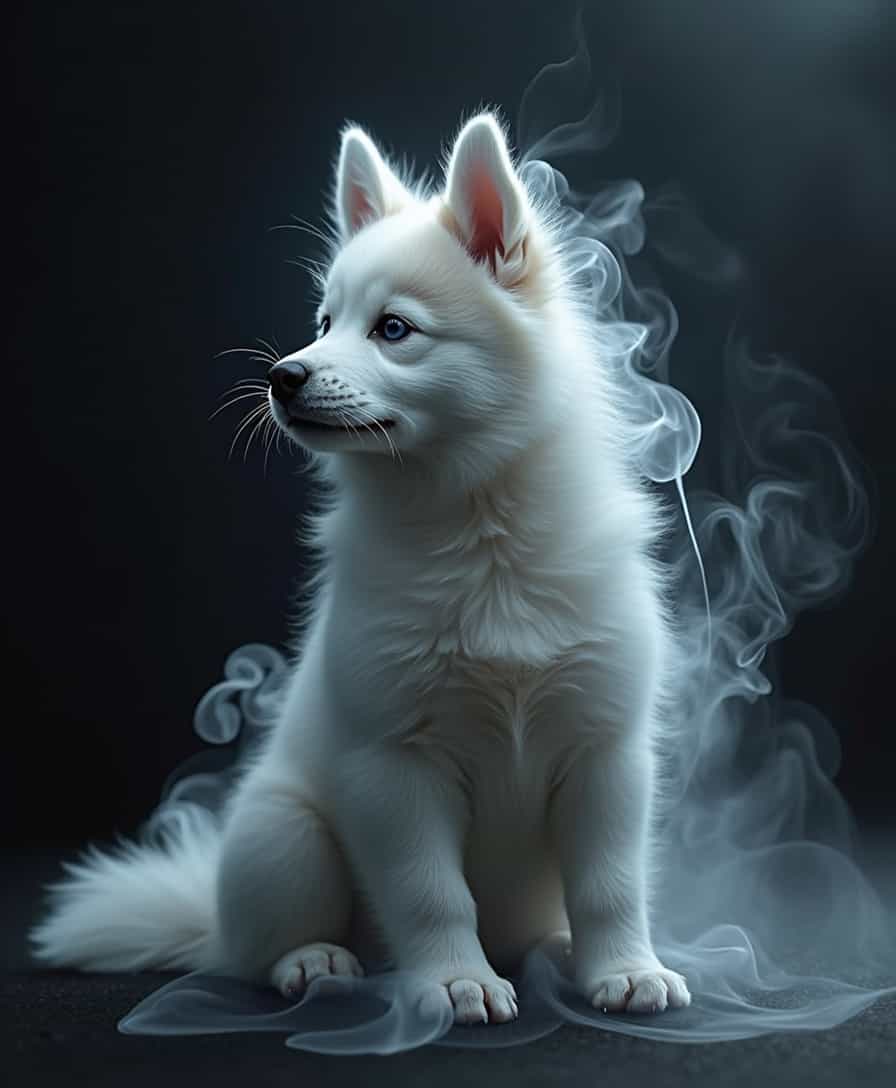 A photorealistic depiction of a dense cloud of smoke forming the shape of a baby husky, with soft, swirling tendrils creating the outline of its fluffy fur, upright ears, and playful stance. The smoke is illuminated by subtle light, highlighting its delicate edges and adding depth to the ethereal form. The background is dark and minimal, allowing the intricate details of the smoke to stand out, creating a mysterious and captivating atmosphere