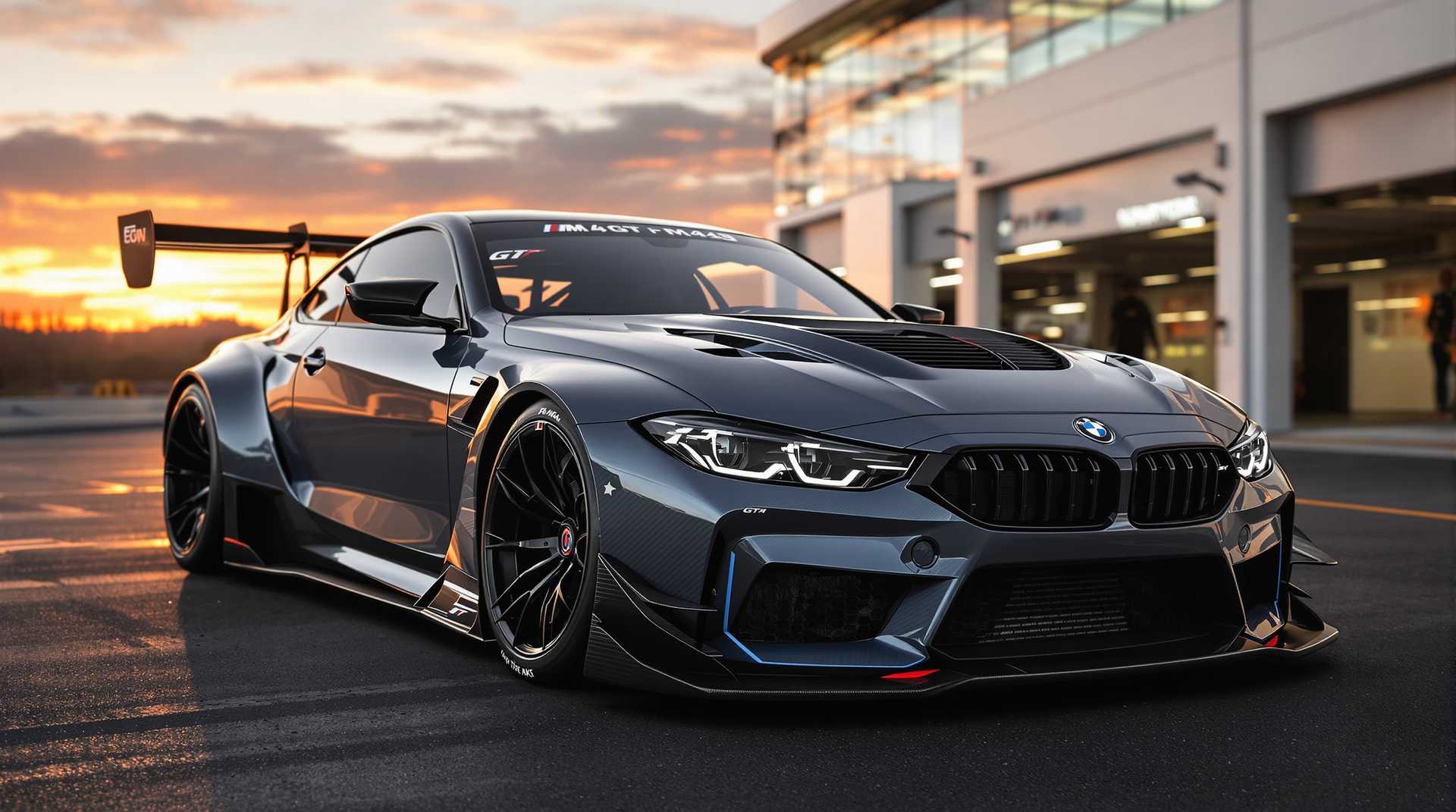 n aggressive and aerodynamic redesign of a BMW M4 GT (2024), crafted for ultimate racing performance, featuring lightweight carbon fiber body panels, a wide stance, sharp angular lines, massive rear diffuser, oversized rear wing, vented hood, flared wheel arches, sleek LED headlights, low ground clearance, and bold racing aesthetics with dynamic air intakes, set in a futuristic pit lane at sunset – ultra-detailed, hyper-realistic, 8K resolution